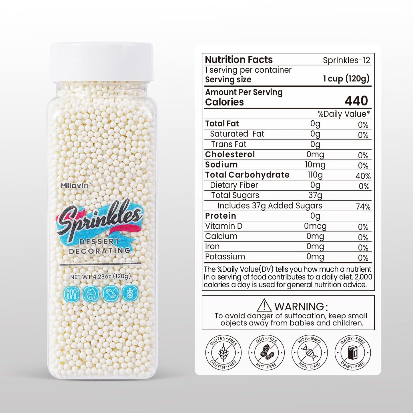 White Nonpareils Sprinkles, Edible 2mm Pearl, White Sprinkles for Cake Decorating, Cake Pops, Cupcakes, Cookies, Macaron, and Ice Cream(120g/4.23oz)