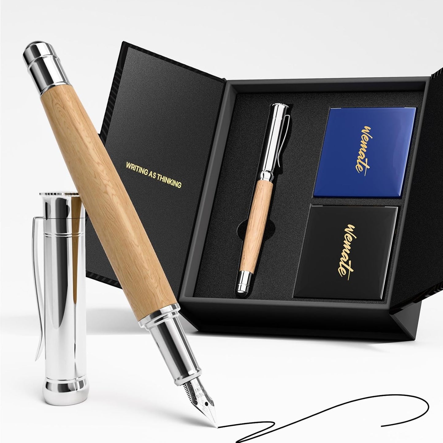 WEMATE Fountain Pen Set, Fine Nib, 20 Ink Cartridges(10 Black&10 Blue), 1 Ink Converter, Smooth Writing, No Skips, Nice Gift for Men, Women, Cool Wood Fountain Pen for Writing, Calligraphy