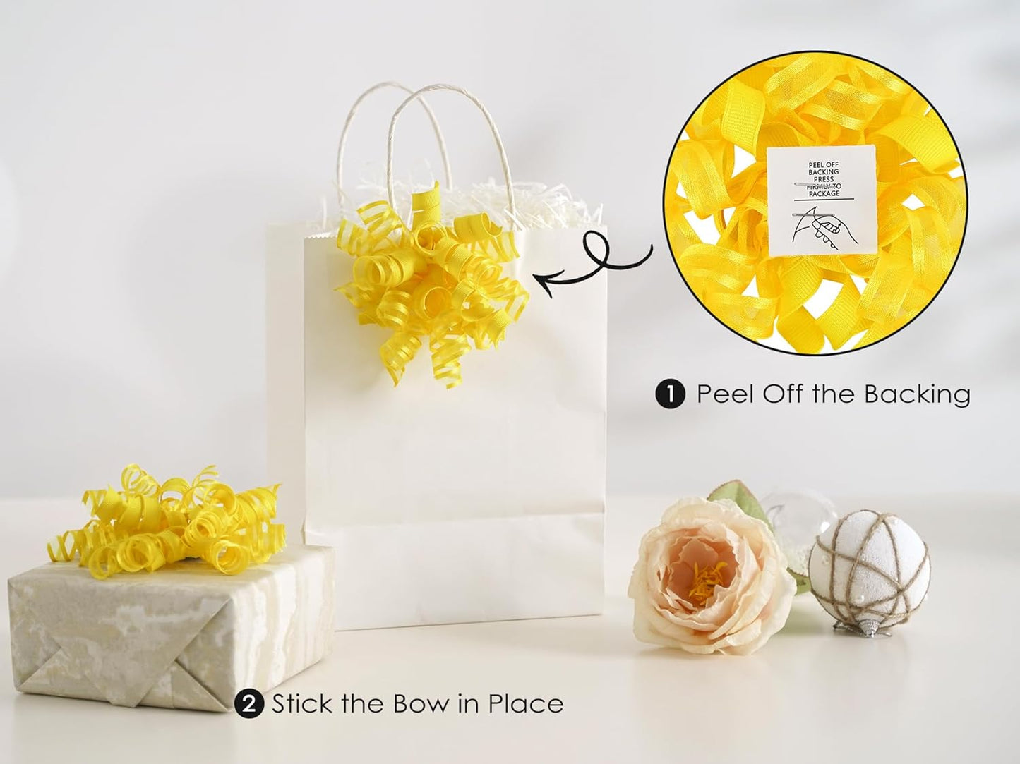 HUIHUANG Yellow Present Bows Gift Wrap Accessory Curly Ribbon Gift Bows 5 inch x 8 Counts Stick On Bows for Gift Wrapping, Paper Bag, Birthday Party Favors, Bridal Shower Wedding Decoration