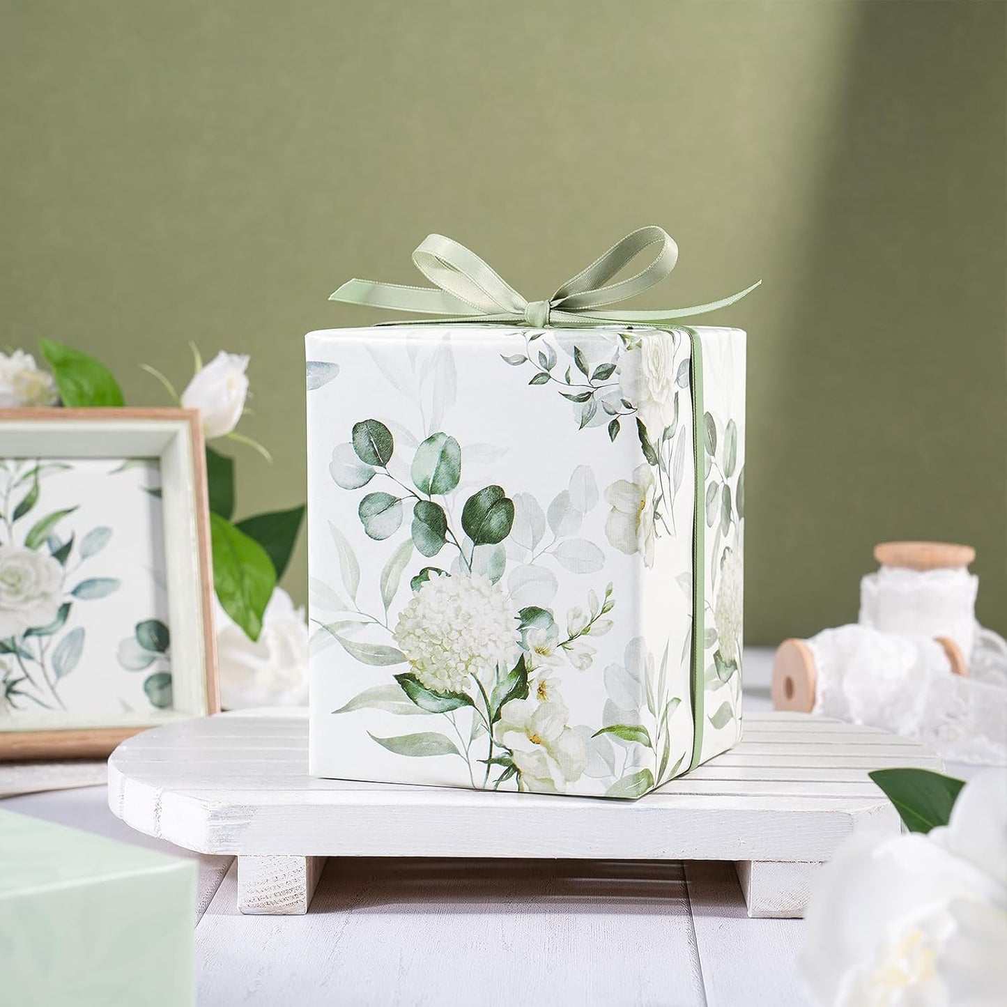 RUSPEPA Reversible Floral Wrapping Paper for Women Girls, Mini Roll, Elegant Flower Greenery and Sage Green Gift Wrap Paper for Wedding, Birthday, Bridal Shower, Mother's Day, 17 Inches x 16.4 Feet