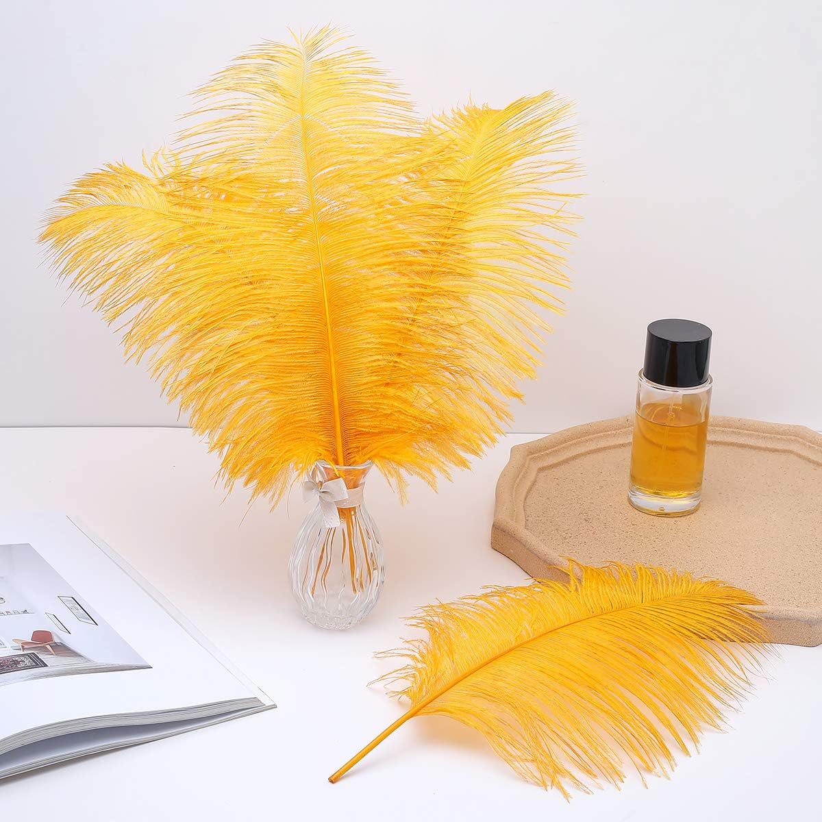 12pcs Natural Luxury Gold Ostrich Feathers 12-14inch (30-35cm) for Wedding Party Centerpieces，Flower Arrangement and Home Decoration.