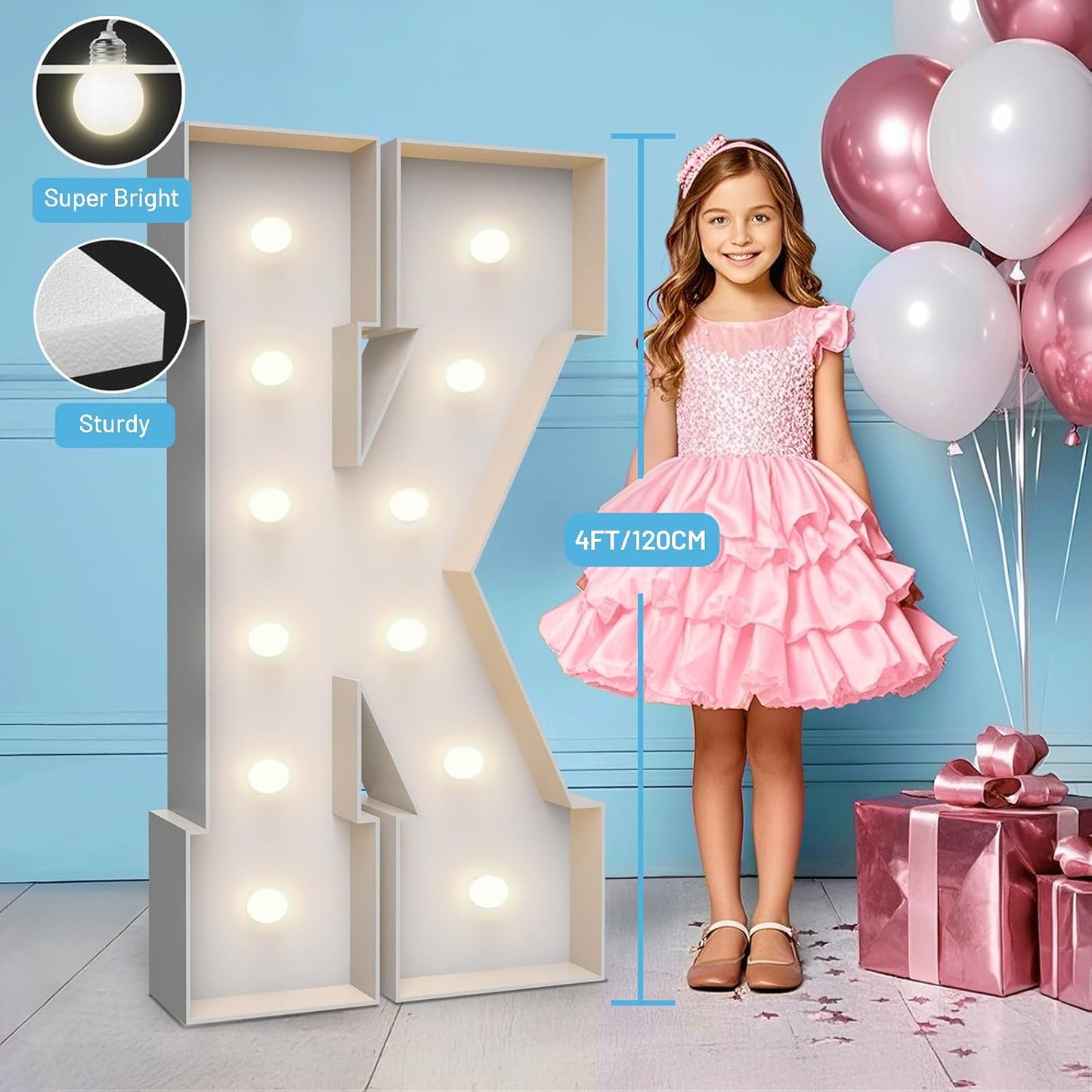 4FT Marquee Light Up Letters K,Party Decoration Large Marquee Light Up Letters with Weighted Water Bag,Pre-cut Foam Board Set Can Be Used for Birthdays,Weddings,Baby Anniversaries