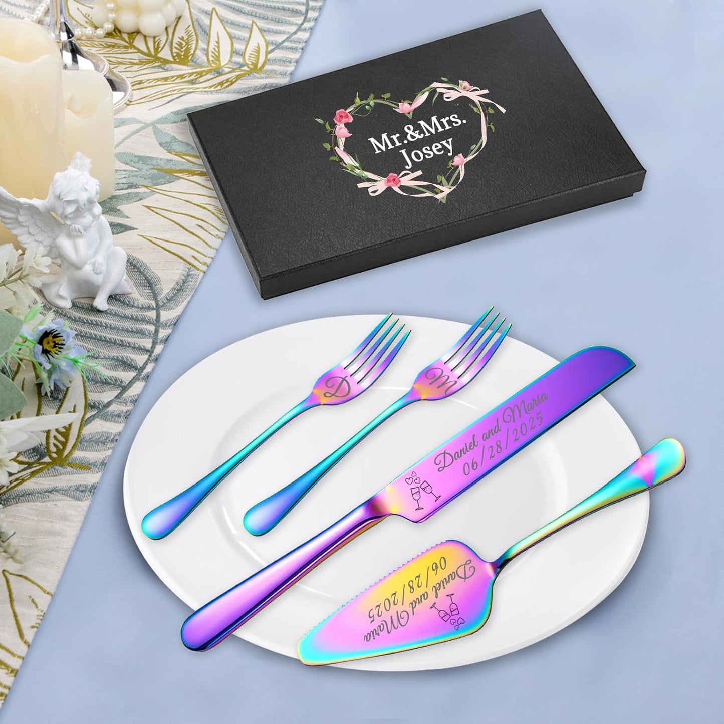 Personalized Wedding Cake Knife and Server Set, Custom Names Cake Cutting Set with Stainless Steel Forks, Customized Bridal Anniversary Birthday Wedding Registry Gifts (Multicolor)