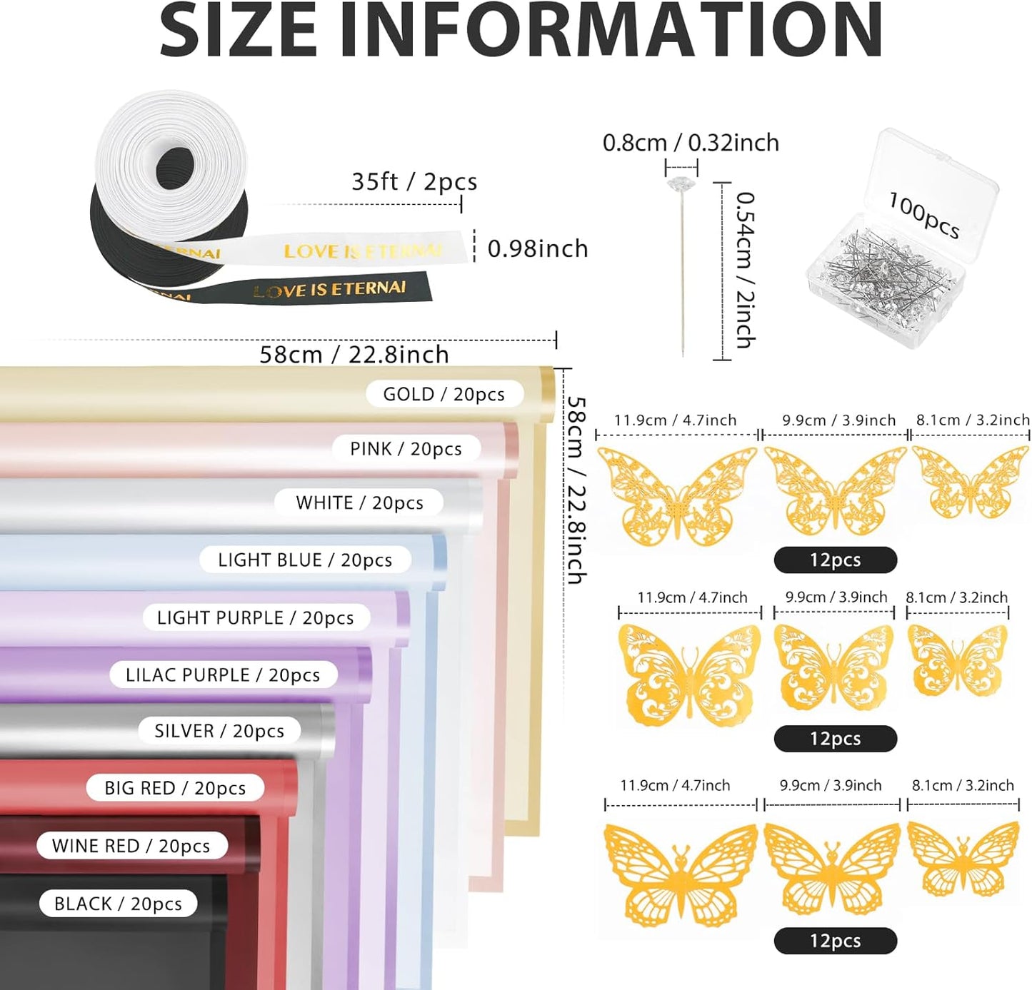 NESCCI 200 Sheets Flower Wrapping Paper - Waterproof Florist Bouquet Paper,70Ft Satin Ribbon, 36 Pcs 3D Butterflies 100 PCS Flower Pins for Wedding Birthday Gift DIY(Translucent Multicolored)