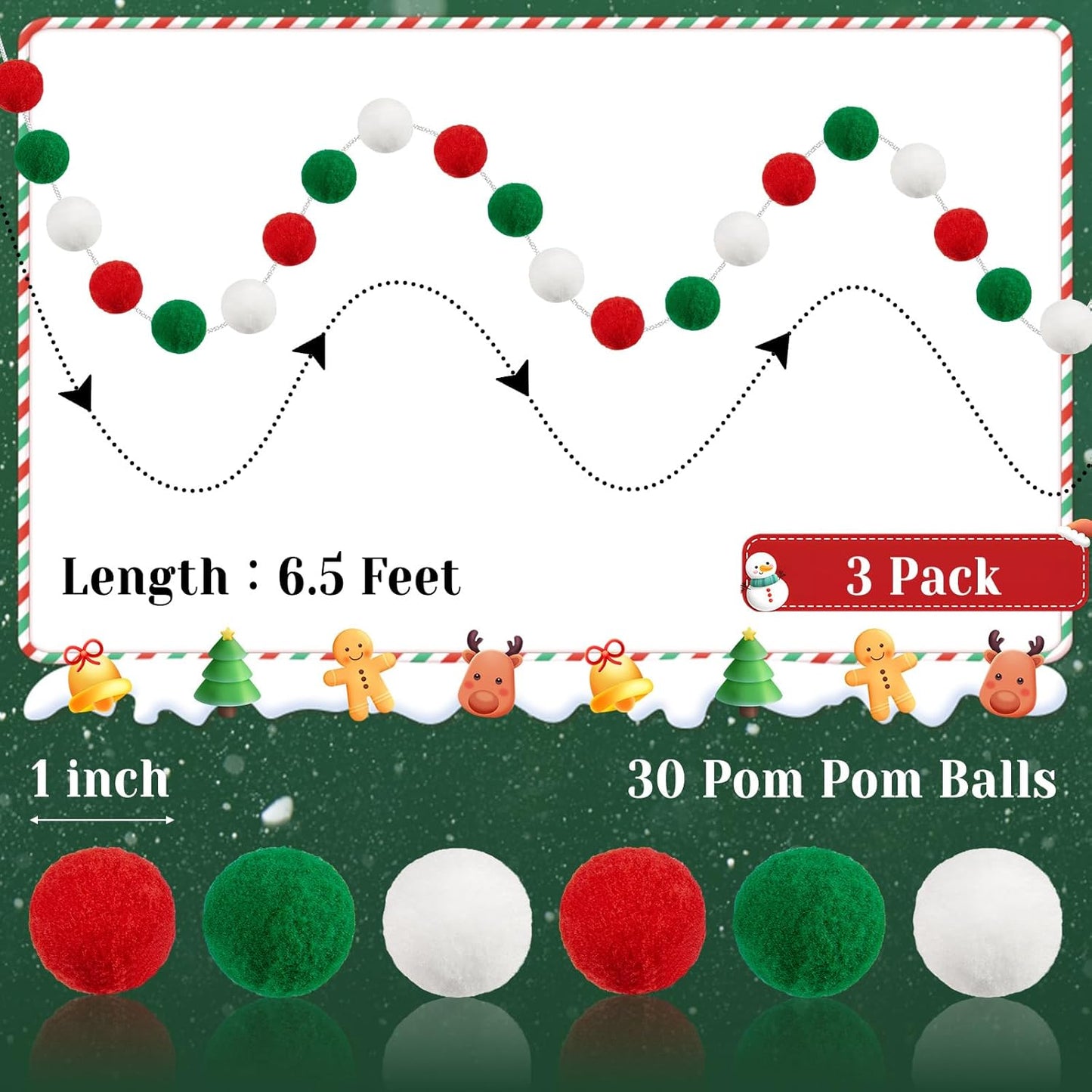 3 Pack Pom Pom Garland Colorful Felt Ball Garland Decorations, 6.5 Feet Long with 30 Balls Banner Hanging Supplies for Christmas, Parties (Red, Green & White)