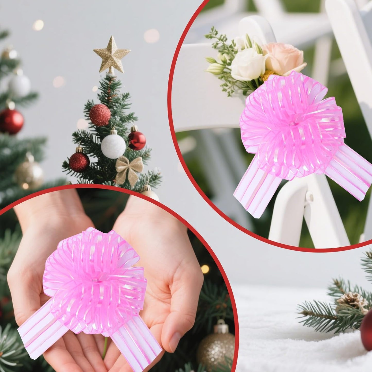 6 Pcs 6 Inch Large Organza Pull Bow Ribbon – Elegant Gift Bows for Wedding Decorations, Christmas Wrapping, Birthday Parties, Car Decor, Gift Baskets, and Valentine's Day Packaging(Pink)