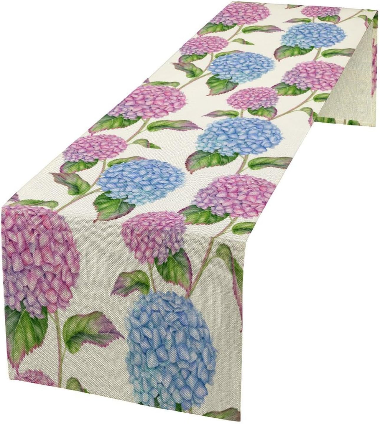 Spring Hydrangea Flower Table Runner, Seasonal Summer Plants Watercolor Pink Purple Florals Dinner Runner for Home Kitchen Dining Table Party Holiday Decoration 13"x120"