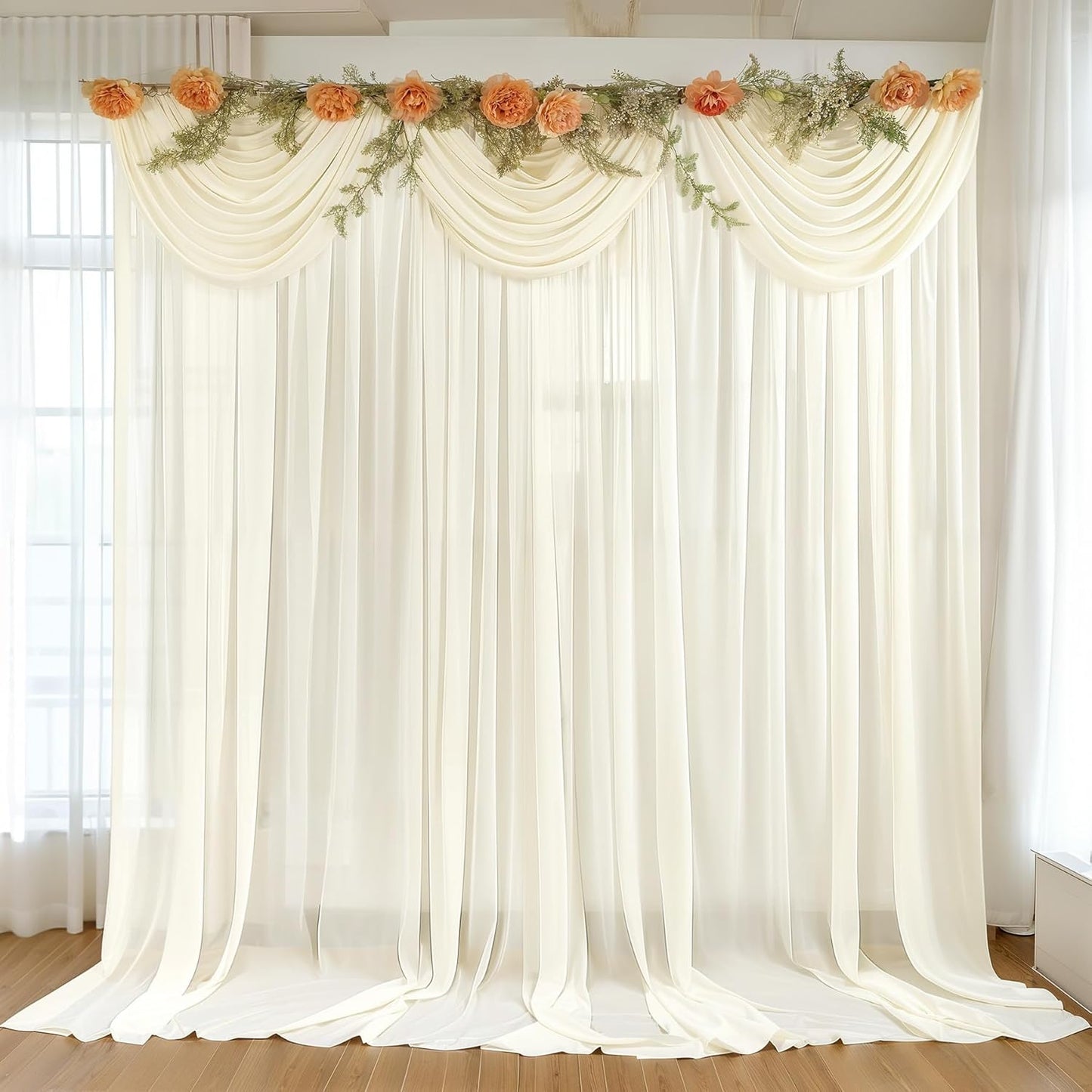 10ft x 10ft Ivory Backdrop Curtain Drapes, Wrinkle-Free Sheer Chiffon Fabric Photo Background Panels for Wedding Arch Party Ceremony Stage Photography Decorations