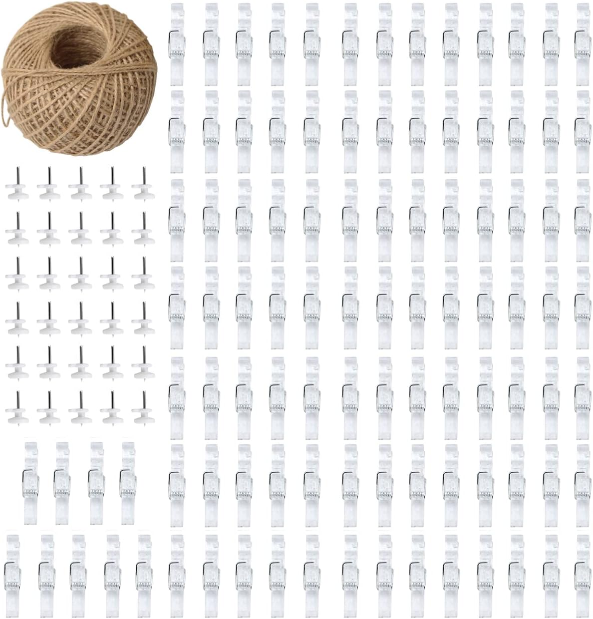 100pcs Photo Clips Mini Clothespins for Photo Wall Hanging Dorm Decor Picture Polaroid Kids Artworks Display with 98ft Twine String & Mini Wall Mount Non-Mark Hooks