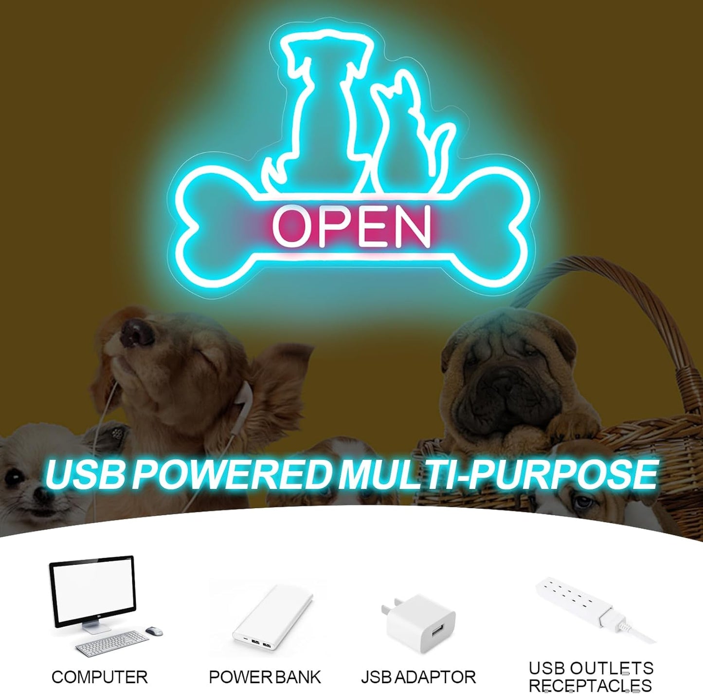 Pet Shop Open Neon Sign LED Dog And Cat Open Sign Bright Pet Grooming Salon Light Animal Shelter Storefront Decor Vet Clinic Window Sign, Ice Blue+Light Pink, 16.5"x12.4"