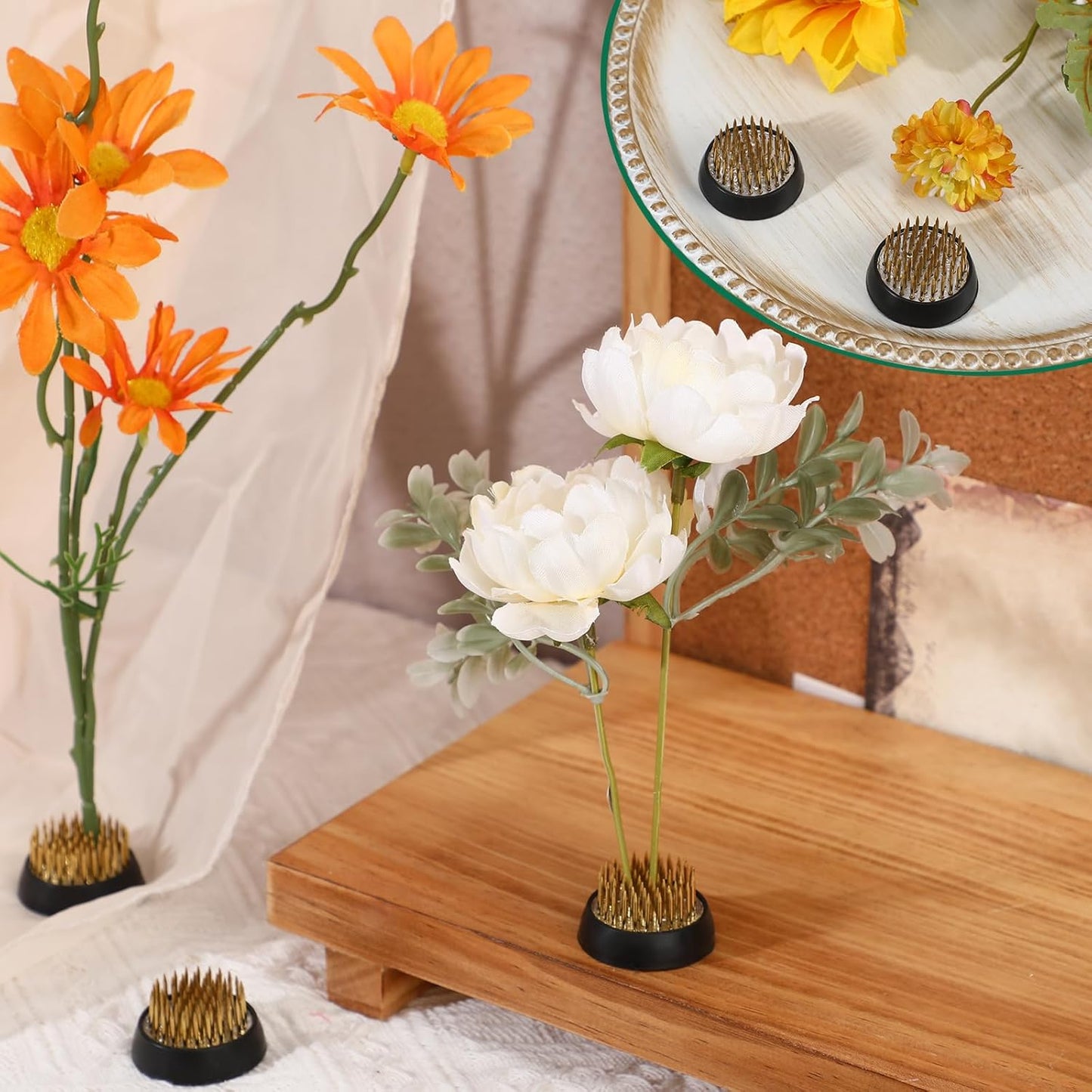 Sliner 16 Pieces Floral Frogs 2 Inch Round Brass Flower Holder Japanese Ikebana Vase Kenzan Flower Flower Arranger Flower Fixed Tools Pin for Flower Arrangement Home DIY Craft