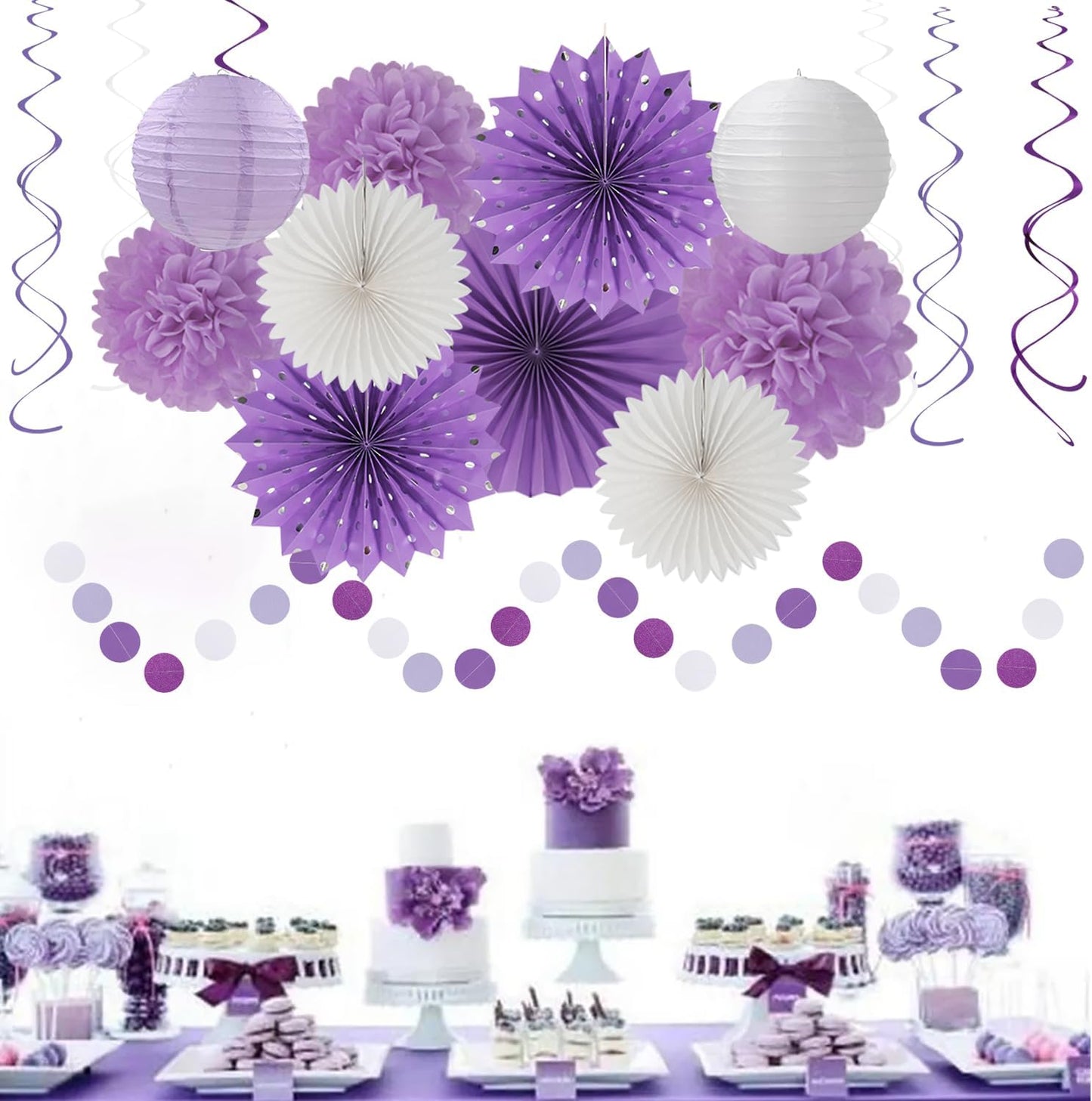 Purple-White Lavender Women-Girl Birthday Party-Decorations - 33pcs Paper Lanterns Fans,Streamers Tassel Garland Banner,Tissue Pom Poms,Baby Bridal Shower Wedding Bachelorette Graduation Decor Hugtmr