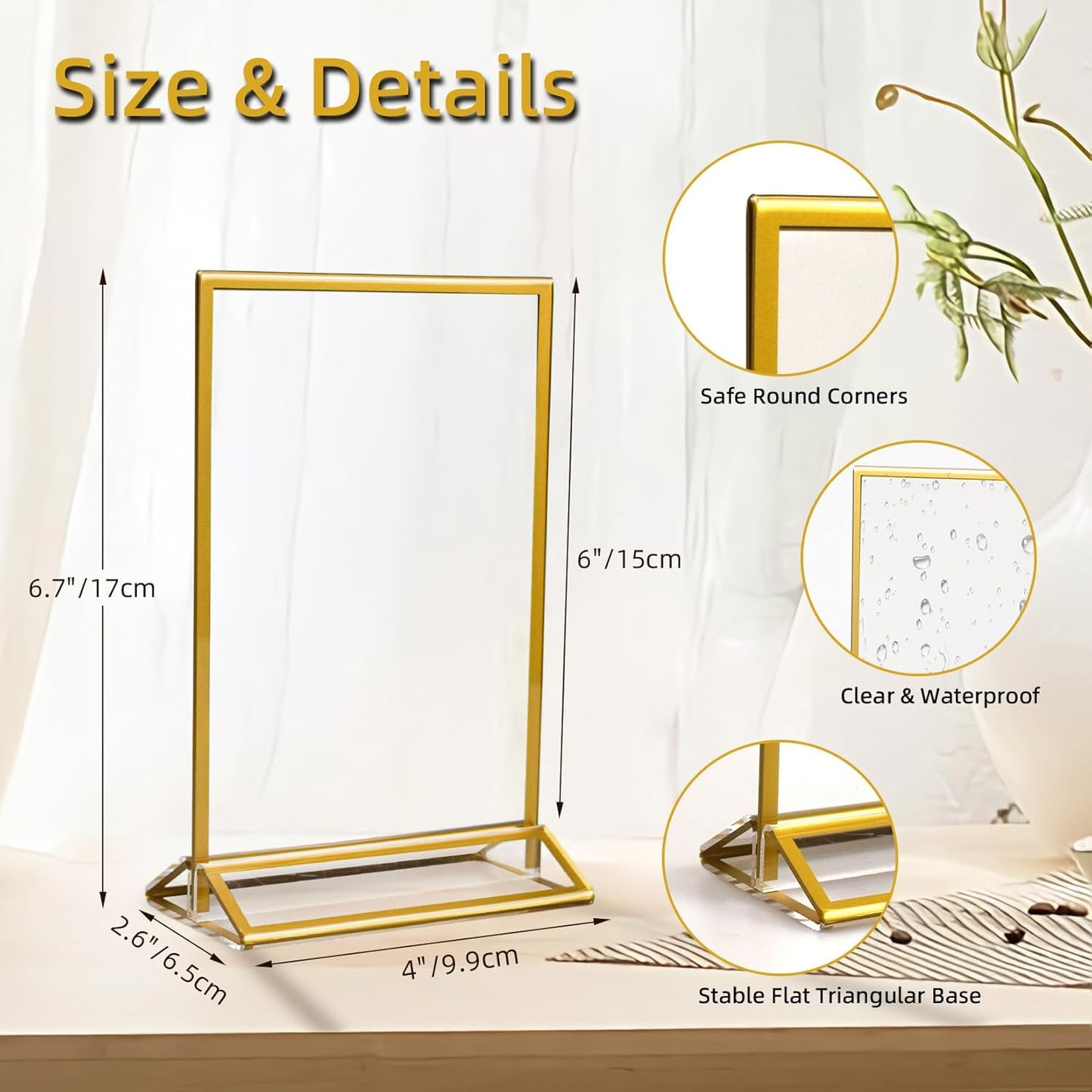 6 Pack Acrylic Sign Holder 4x6 Inches, Double-sided Picture Frames for Wedding Table Numbers Holders, Clear Menu Stand Table Top Display Sign Stand Flyer Holder Vertical Paper Holder,Gold Frames