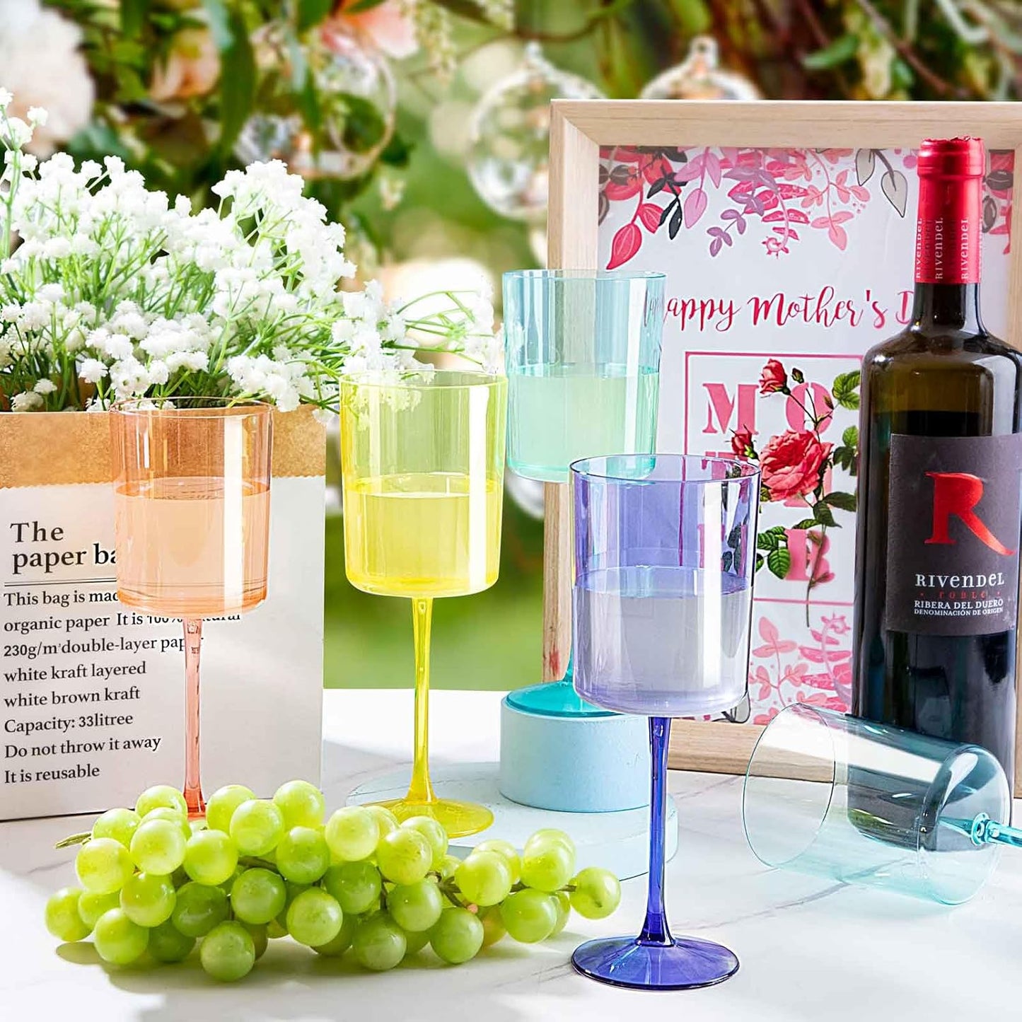 Ciaell 4 Pack Plastic Wine Glasses - 10 Oz Plastic Wine Glasses with Stem - Disposable Wine Glasses Perfect for Parties & Weddings & Poolside & Outdoors & Camping(Pink Green Purple Yellow)