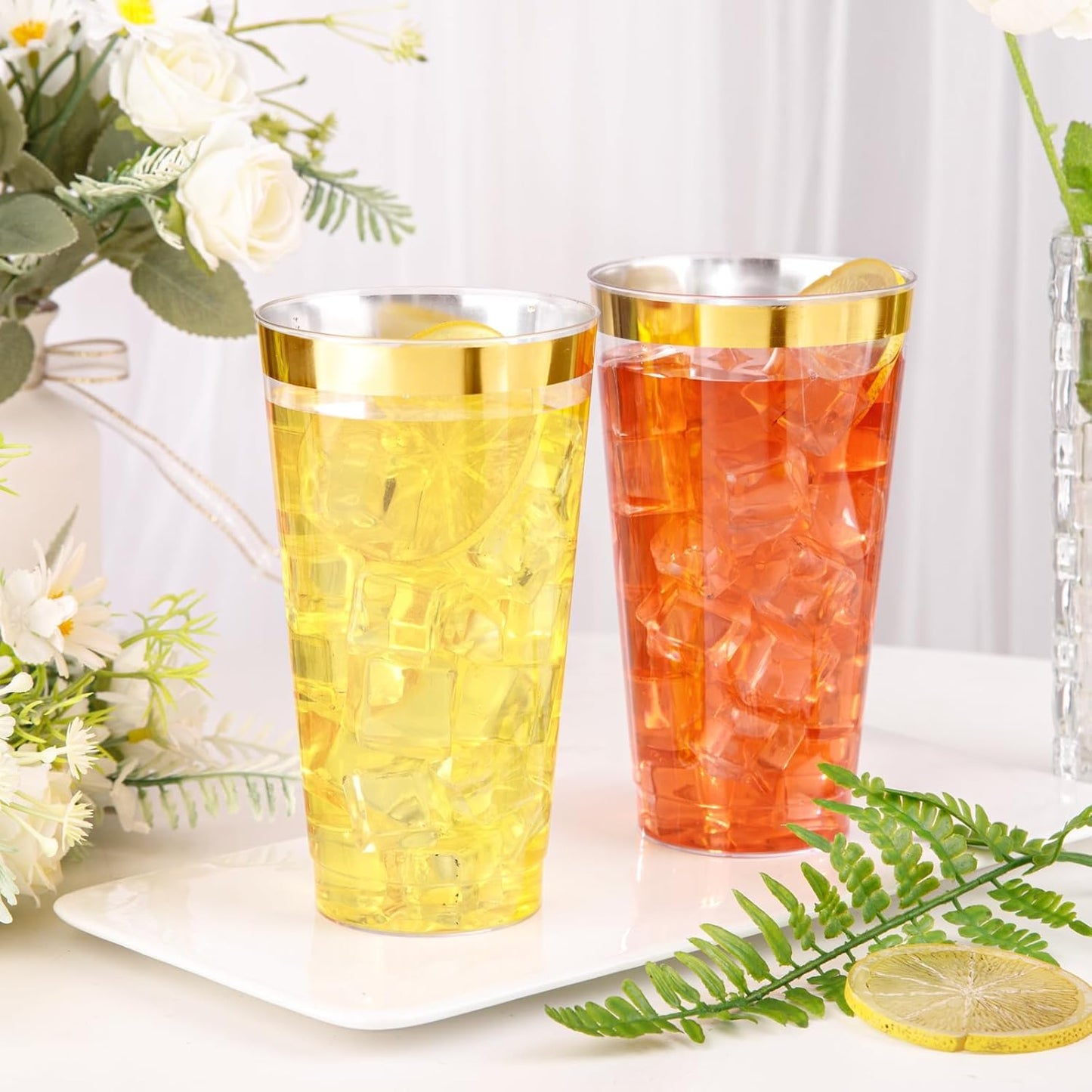 I00000 16 oz Gold Plastic Cups, 50 Pack Clear Plastic Cups Tumblers Gold Rimmed Disposable Cup, Heavy-duty Disposable Cup Perfect for Halloween, Thanksgiving and Christmas Parties