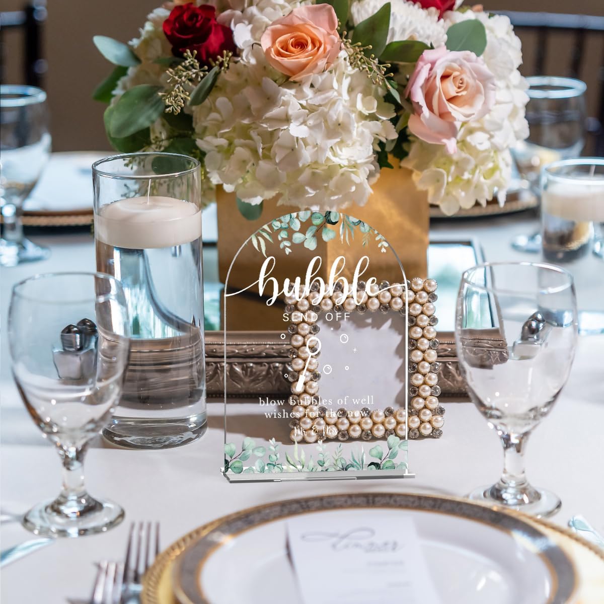 Acrylic Wedding Sign Bubble Send Off Signs for Ceremony Modern Calligraphy Arch Acrylic Table Top Signs for Wedding Reception and Event Party Table Decor (Eucalyptus Leaves)