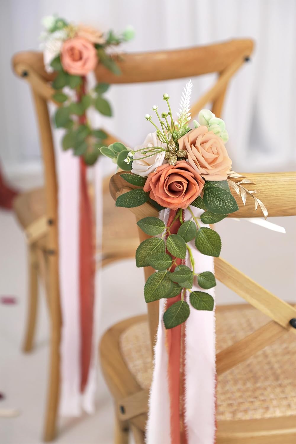 Wedding Aisle Decorations for Wedding Ceremony Set of 10 Pew Flowers for Church Chair Decorations Party Decor with Artificial Flowers Eucalyptus and Ribbons Terracotta