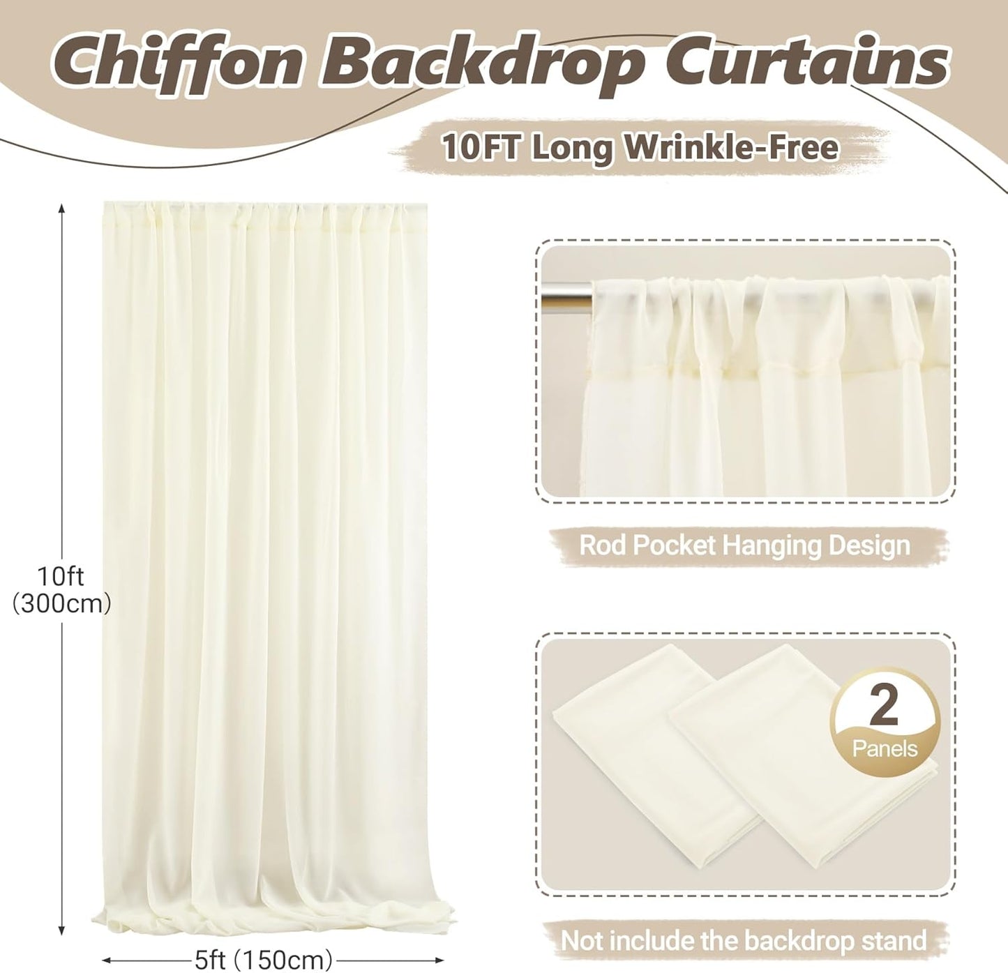 10ft x 10ft Ivory Backdrop Curtain Drapes, Wrinkle-Free Sheer Chiffon Fabric Photo Background Panels for Wedding Arch Party Ceremony Stage Photography Decorations