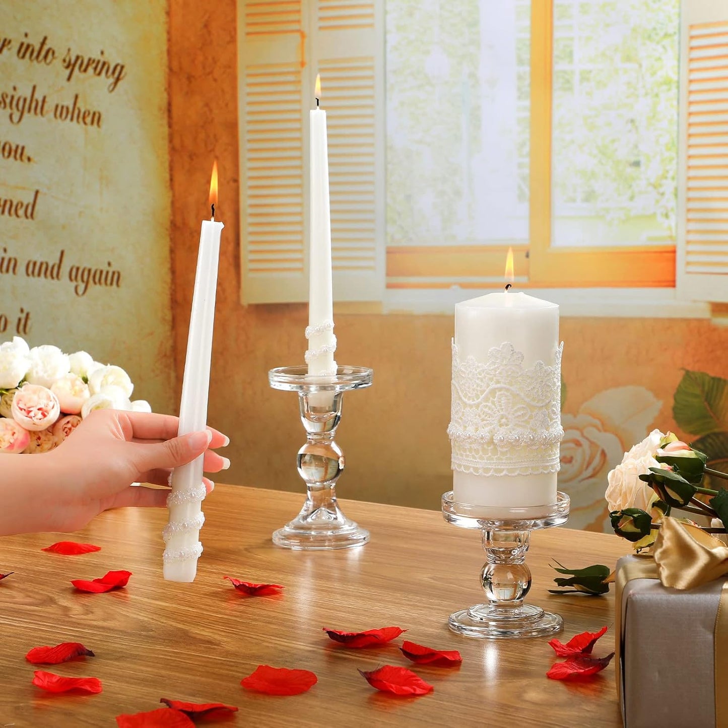 Irenare Unity Candles with Holder for Wedding Ceremony Wedding Decortions Accessories Glass Candle Holder Pillar Candle for Formal Events Church(Classic Style)