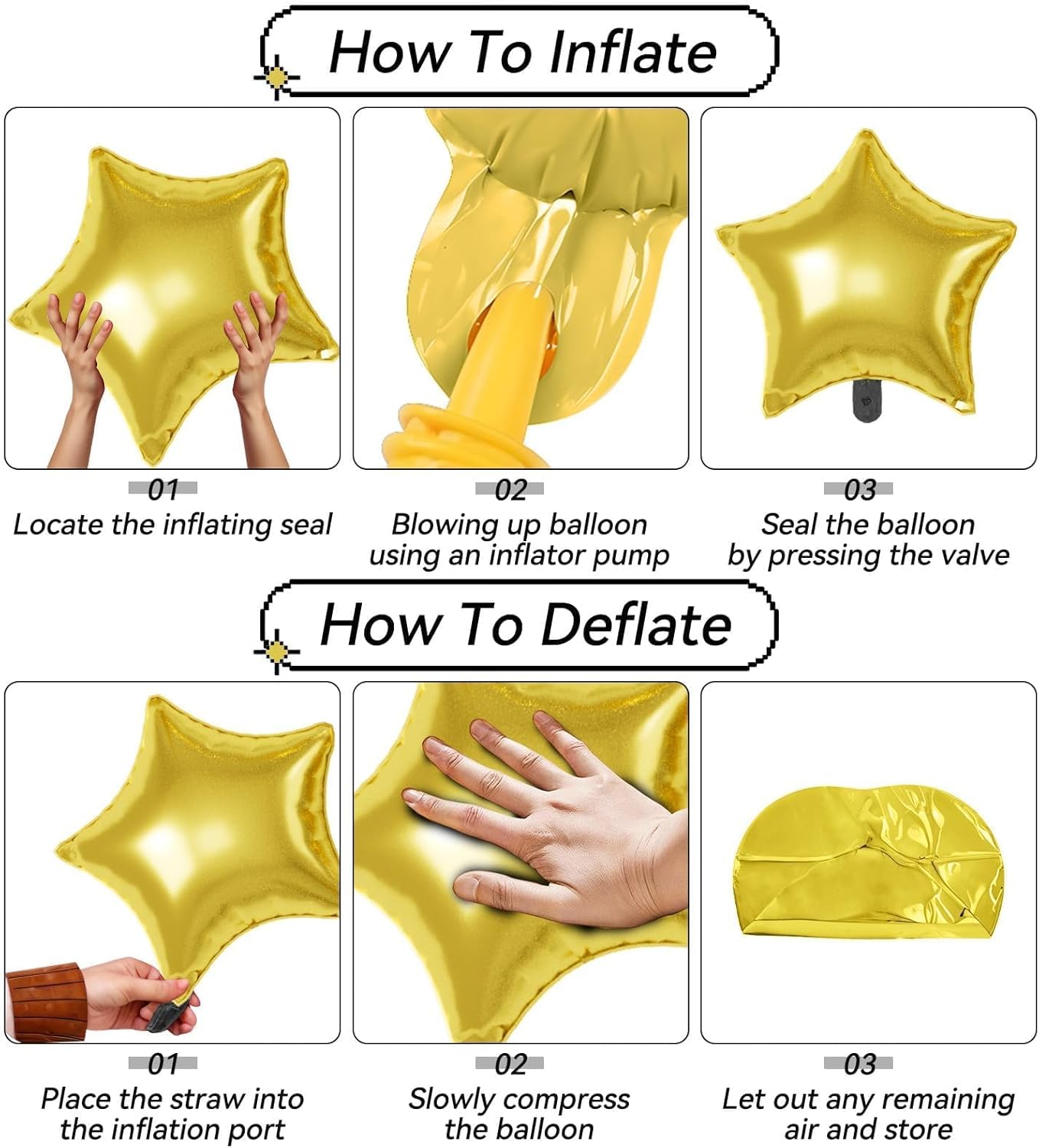 16 Pcs Black Gold Star Balloons, 22/18/10 Inch Foil Balloons, Four-Pointed Balloon for Kids Birthday Anniversary New Year Wedding Baby Shower Party Decorations