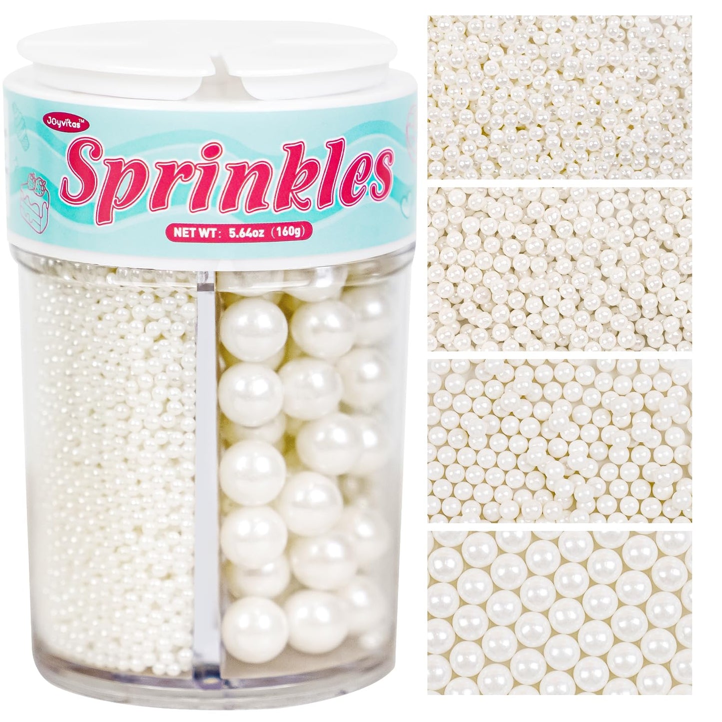 White Edible Sugar Pearl Sprinkles for Cake Decorating, Candy Pearls Sprinkles for Cupcake, Cookie, Baking Cake Decorations, 4 sizes, 160g/5.64oz, Wedding Party Chirstmas Supplies