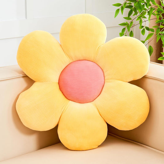 Yellow Flower Pillow, 19.6" Cute Flower Shaped Floor Pillow, Aesthetic Floral Plush Daisy Decorative Throw Pillows for Bed Sofa Couch