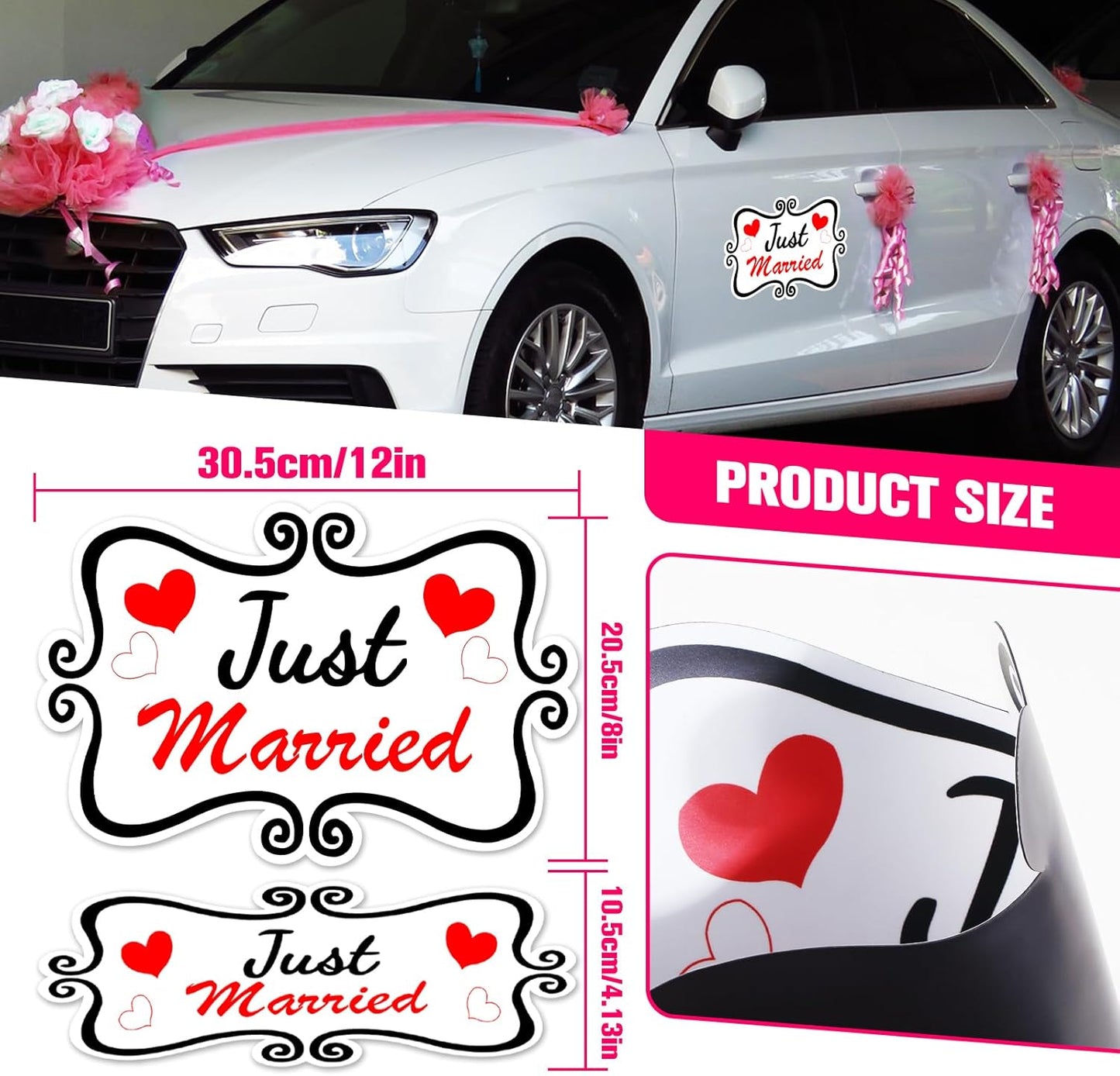 Just Married Car Magnet Set, Marry Me Magnetic Sign for Car Wedding Decoration White 4 PCS(2 Large 12 * 8 in + 2 Small 12 * 4 in)