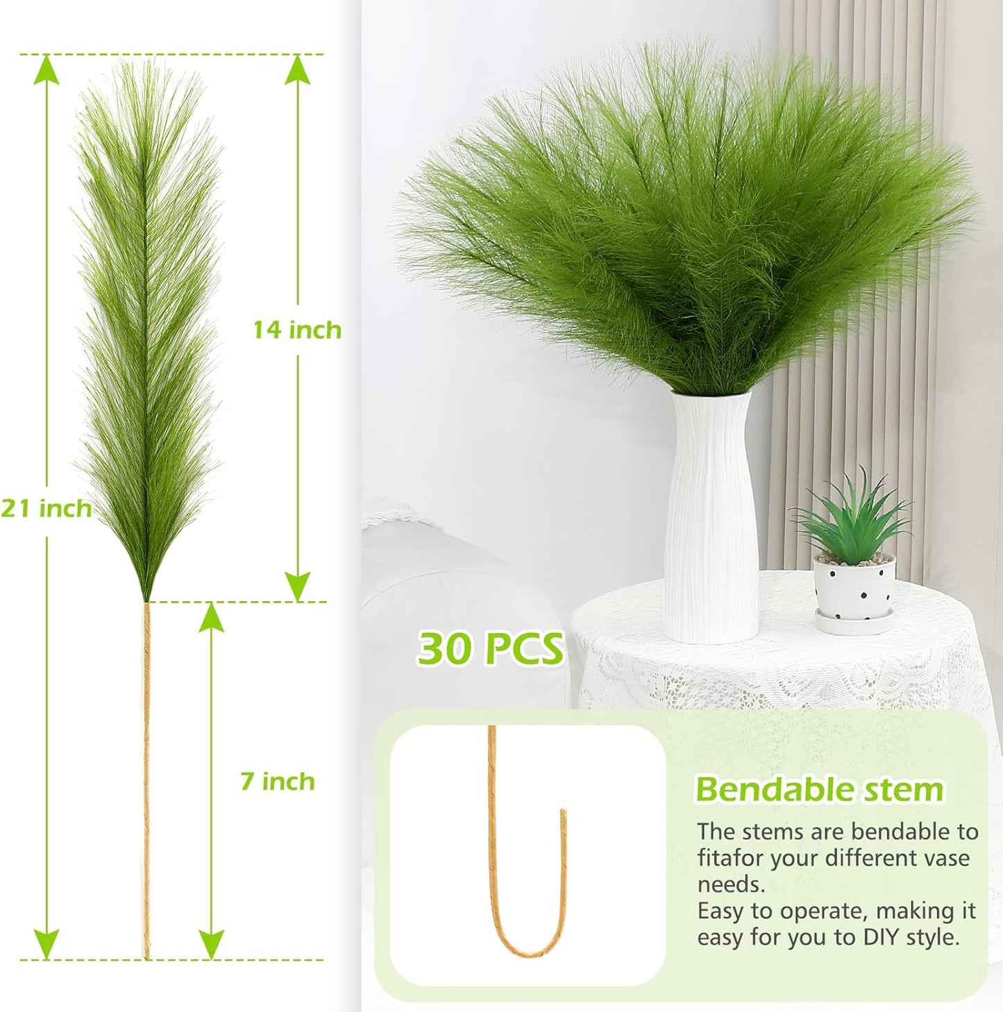 Green Pampas Grass Decor 30 Pcs 21.7 Inch Faux Pampas Grass Bulk Artificial Dried Flowers Small Vase Filler Pompas Grass.