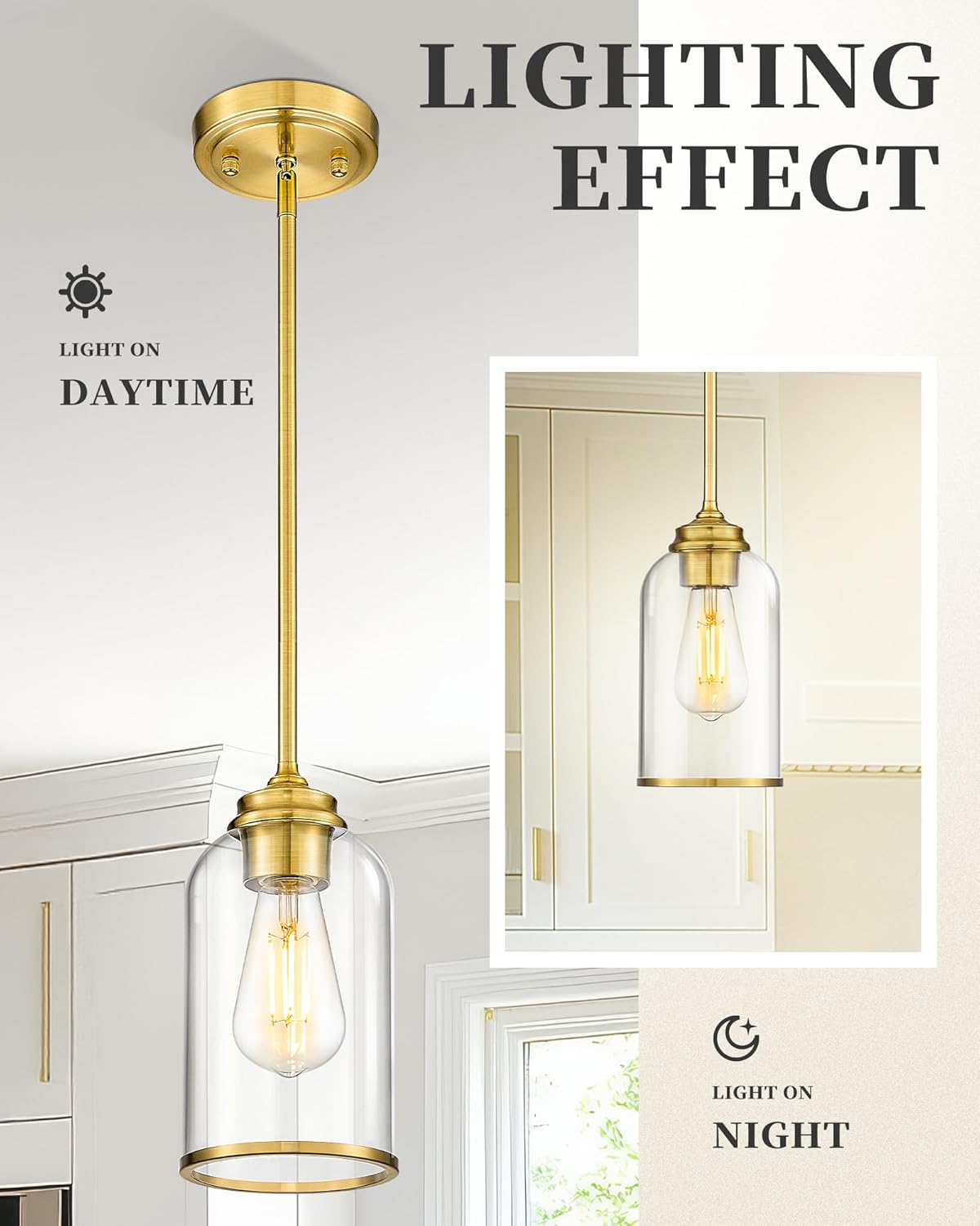 LIROUVET 2 Pack Pendant Lights, Vintage Hanging Lights, Brushed Gold Pendant Lights Kitchen Island with Clear Glass, Pendant Lighting for Dining Room PL02 CLBG-2PK