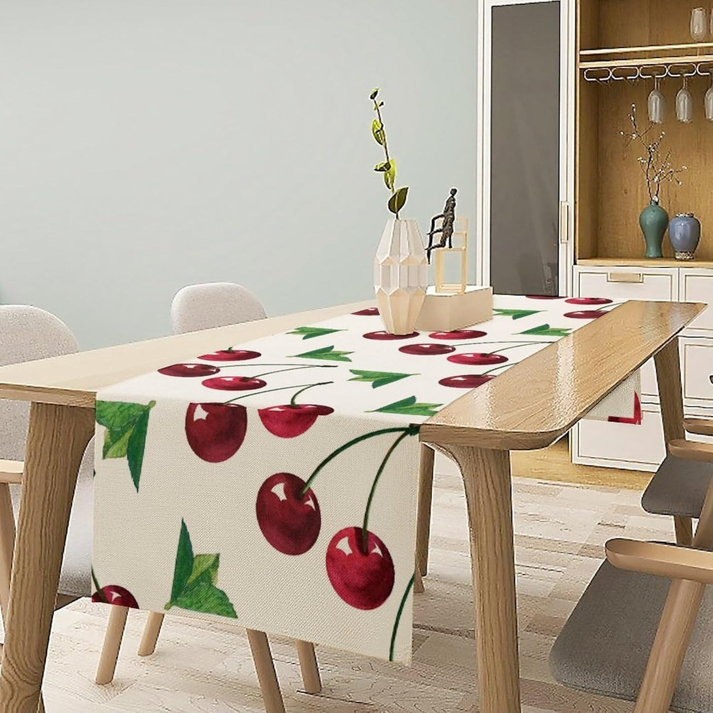 Red Cherry Table Runner Watercolor Tropical Fruit Spring Summer Wild Berry Dinner Runner for Girl Baby Party Holiday Home Kitchen Dining Table Decor 13x108