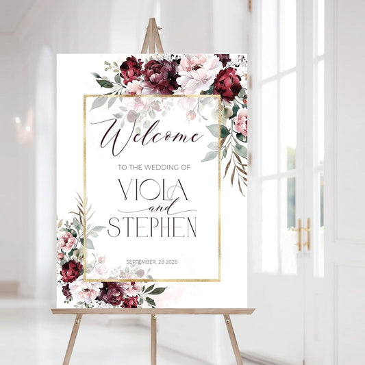 Welcome Wedding Sign Personalized, Burgundy Gold Dusty Pink Wedding Sign Decorations Signage 12" X 18" (Small), 27" (Medium), 36" (Large), Plastic, Modern, Pole Mount, Weather