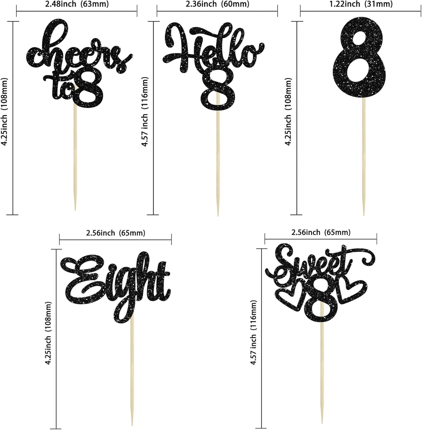 30Pcs 8th Birthday Cupcake Toppers Glitter Eight Hello 8 Cupcake Picks Cheers to 8 Years Old Cake Decorations for 8th Birthday Party Supplies Black