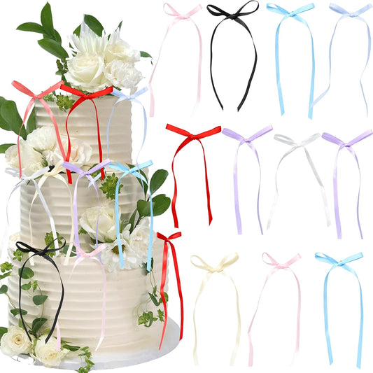 Ephlyn 30Pcs Bow Cupcake Toppers Valentine's Bowknot Ribbons Coquette Bow High Footed Cup Balloon Wall Party Decorations Cake Dessert Picks Baby Girl Birthday Wedding Party Supplies Multi