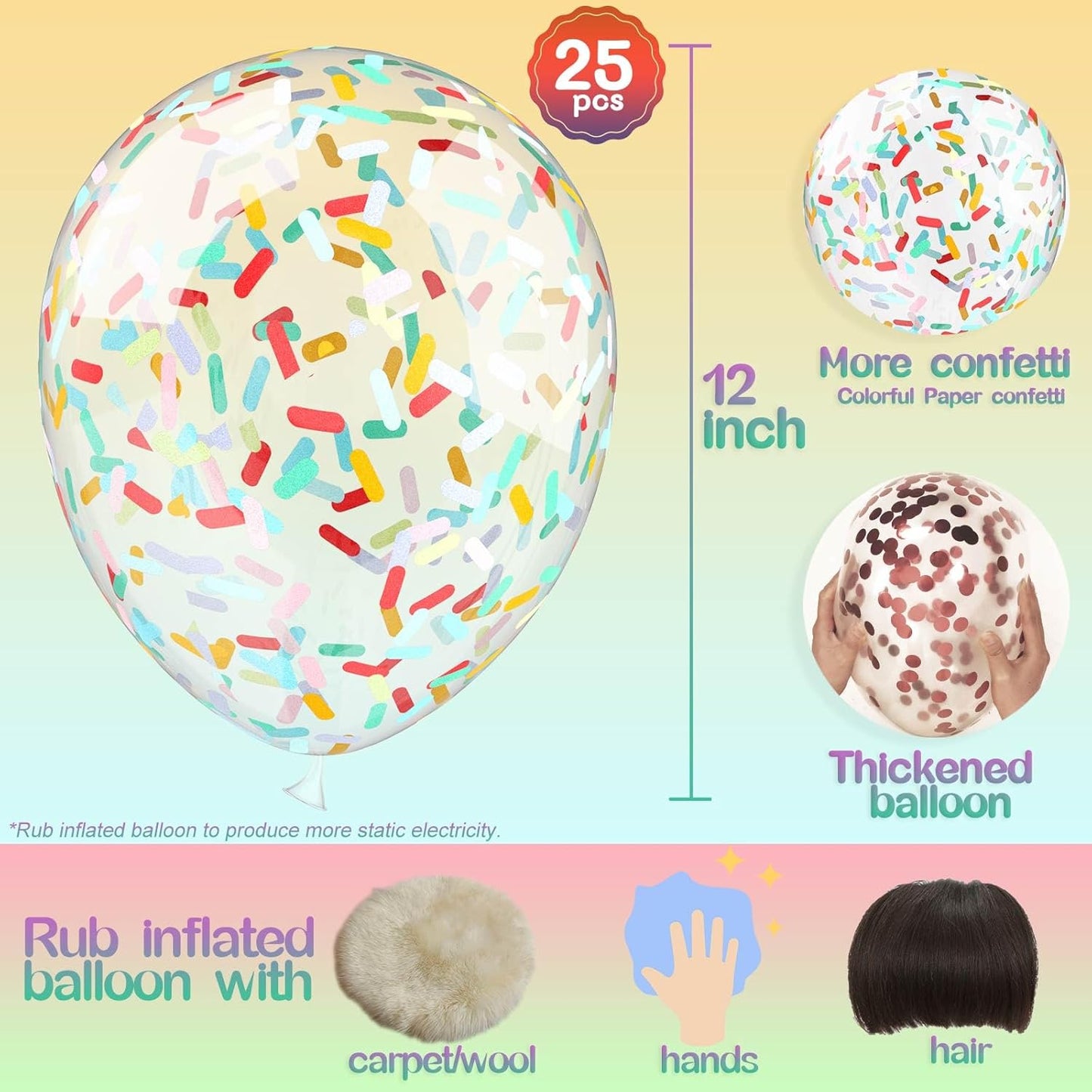 25 Pcs Rainbow Confetti Balloons, 12 Inch Thickened Clear Latex Balloon with Confetti Inside for Birthday Party Baby Shower Graduation Engagement Bridal Shower Decorations Supplies (Long Confetti)
