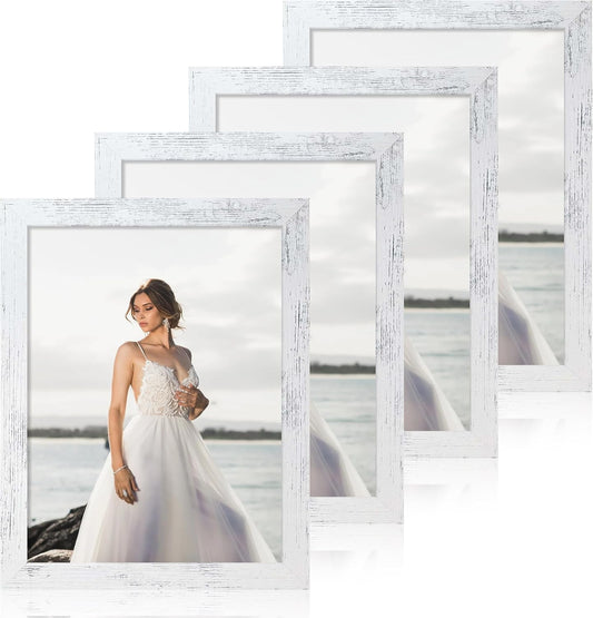 8.5x11 Picture Frame Set of 4, Distressed White Certificate Frame with Real Glass, Wood Photo Frames 8.5 by 11 Diploma Document for Wall Hanging and Tabletop Display