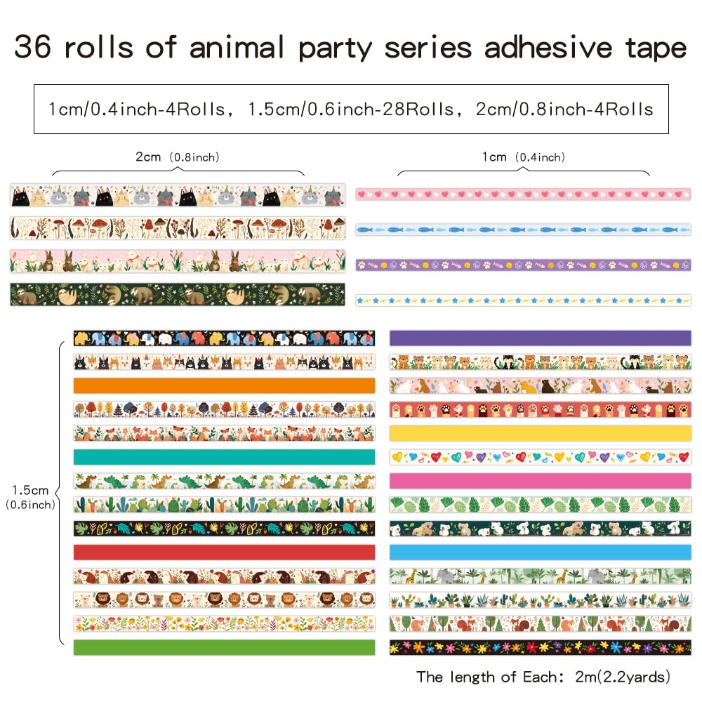 36 Rolls Animal Theme Washi Tape Set, Colorful Cute Adorable Animals Writable Decorative Tapes for Scrapbooking, Bible Journaling, Bullet Journaling, 0.6"x79" per Roll