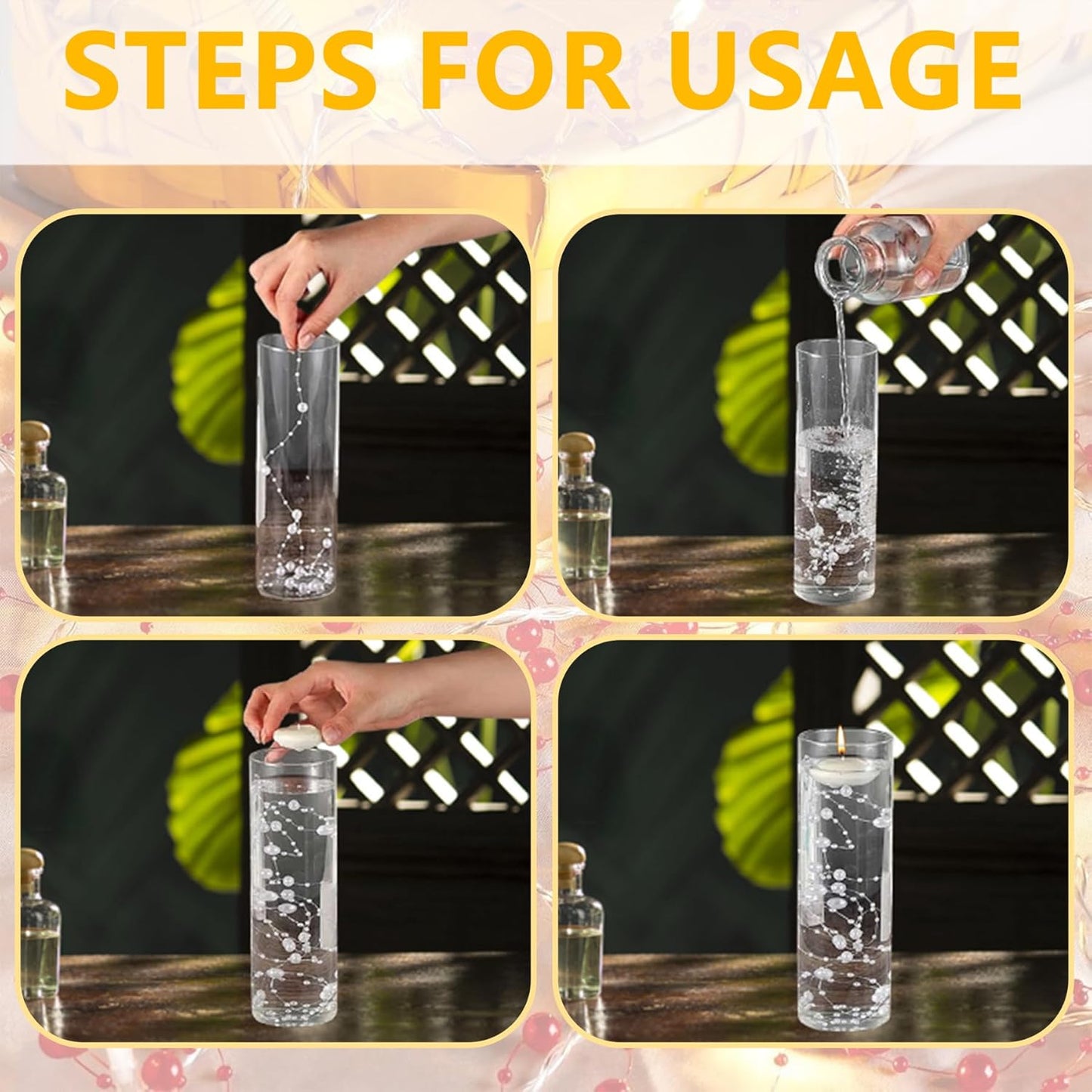 50 PCS Artificial Floating Beads for Centerpieces Vases, Black Gold 8+3mm String Beads for Wedding Party Faux Pearl String for Decorating, String Pearls for Crafts Vase Filler