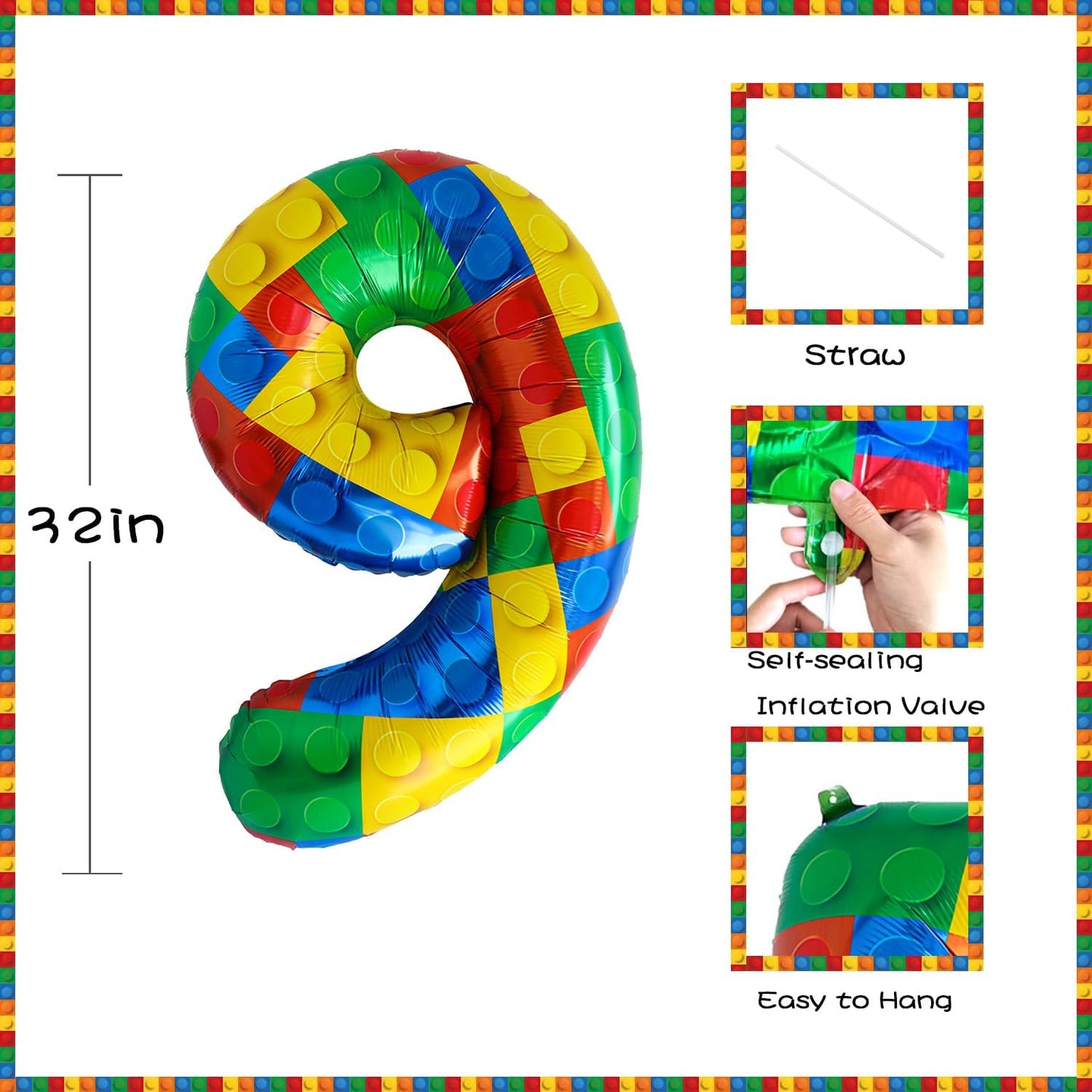 32 Inch Stackable Block Number Balloon – Colorful Brick Building Themed Big Helium Digits for Kids Birthday Party Decorations (Building Block, Number 9)