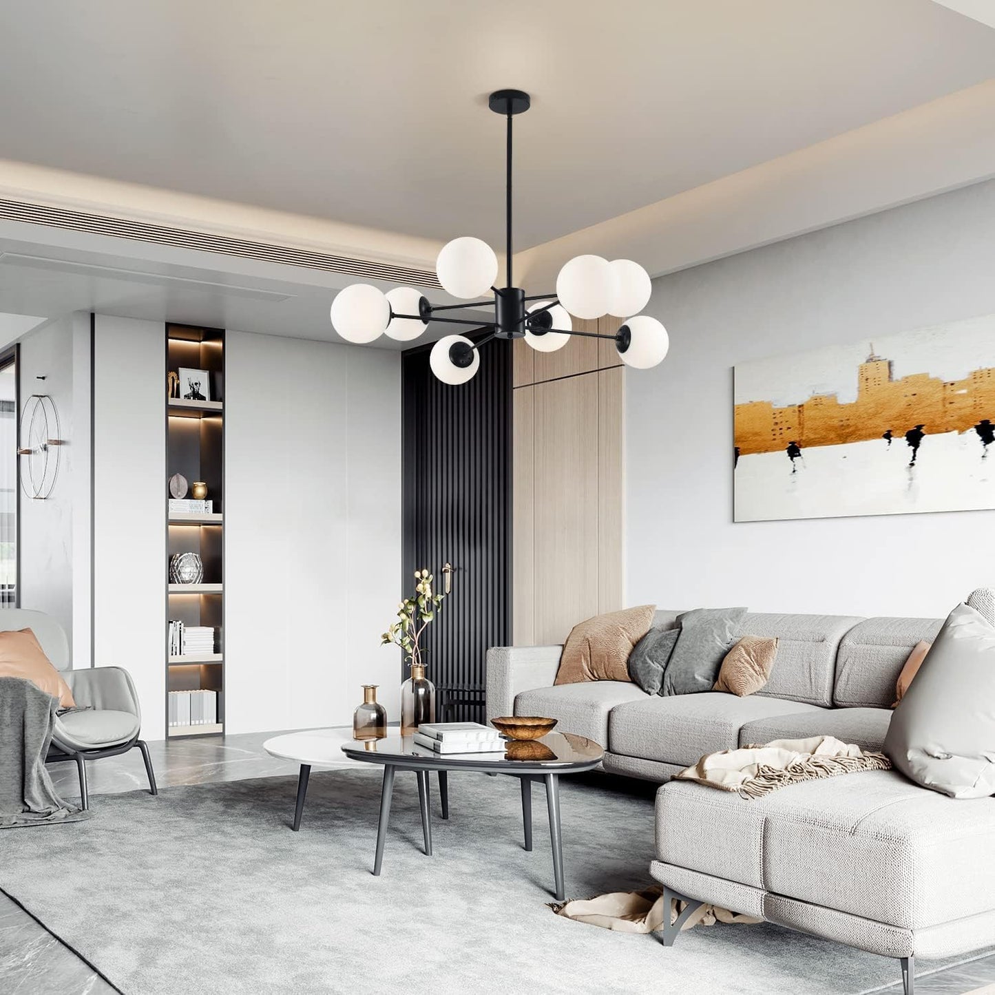 KCO Lighting Black Sputnik Chandelier Ceiling Mount 8-Light Glass Globe Sputnik Chandelier Mid Century Modern Chandelier Light Fixture Kitchen Island Sputnik (Black+White)