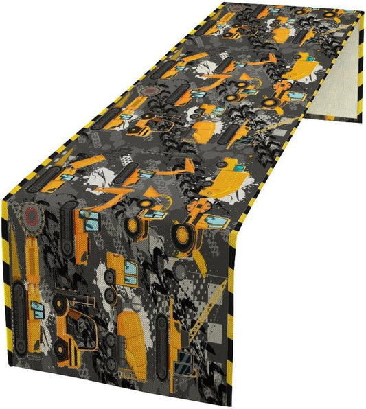 Cartoon Car Table Runner,Boy Kids Construction Yellow Tractor Excavator Tablecloth Burlap for Hotel Indoors Outdoor Dining Room Kitchen Home Decor,W13X L36 in