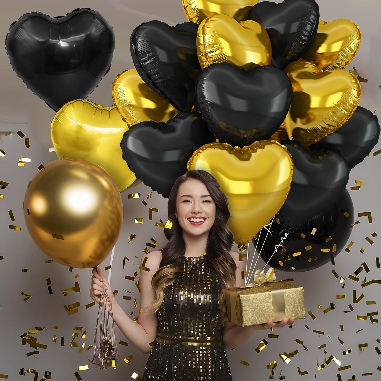 Black Gold Heart Balloons,12Pcs Black Heart Shaped Foil Balloons,18Inch Gold Helium Polyester Film Balloon for Baby Shower Birthday Anniversary Wedding Party Decorations
