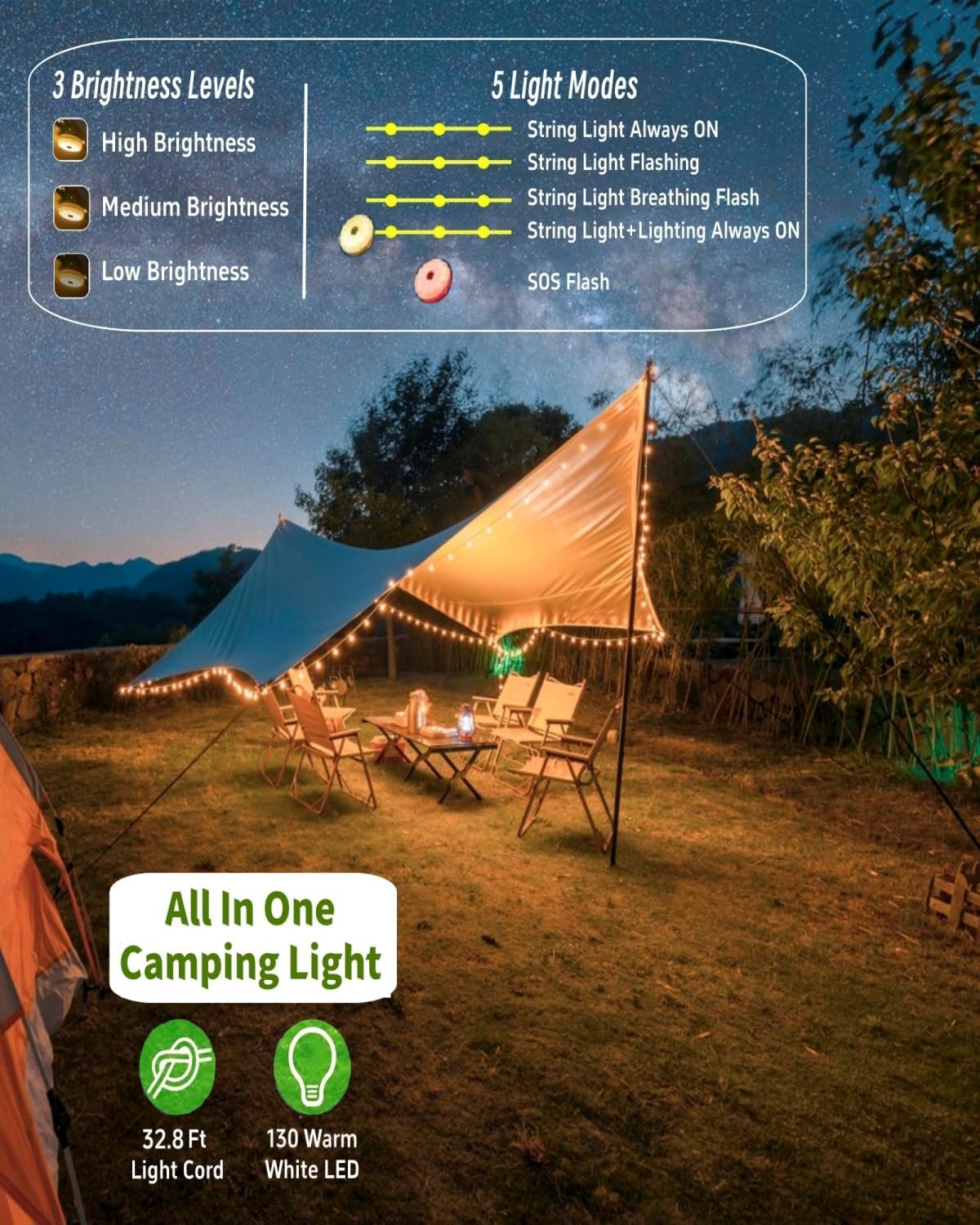 Solar Camping String Lights, 32.8FT Fairy String Lights 130LEDs, 4 In 1 Portable Waterproof Camp Lamp with 8 Mode, Hanging Rechargeable Tent Lantern for Awning Garden Yard Party Christmas Decorations