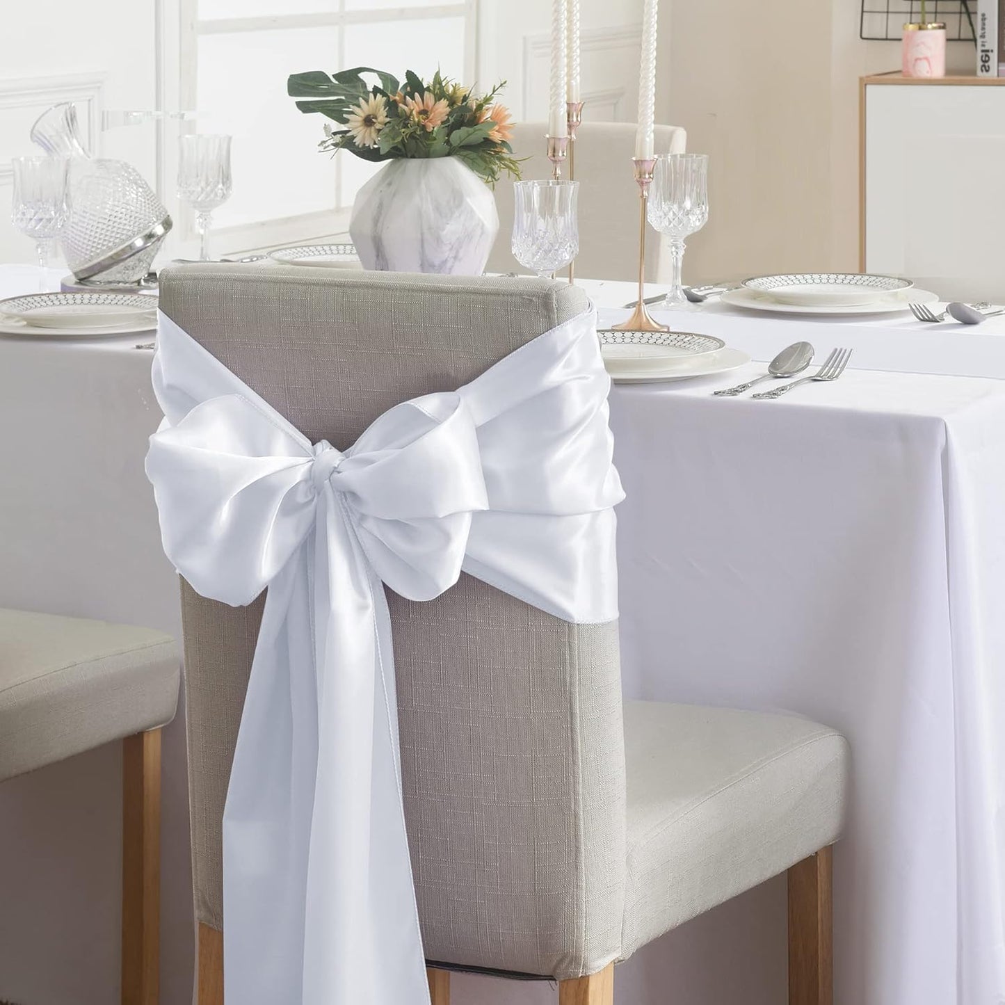 24Pack Table Runner 12 x 108 Inches Satin Silk Table Runner for Wedding, Birthday Party, Banquets, Graduations Decoration, fit Rectange and Round Table-White