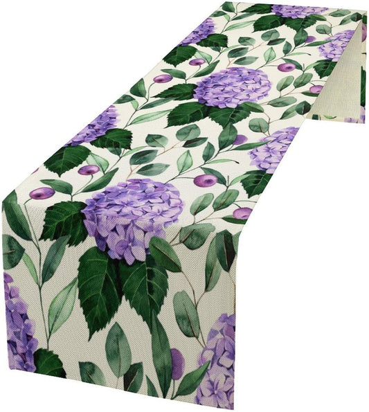 Spring Hydrangea Flower Table Runner, Seasonal Summer Plants Eucalyptus Leaves Purple Florals Dinner Runner for Home Kitchen Dining Table Party Holiday Decoration 13"x70"