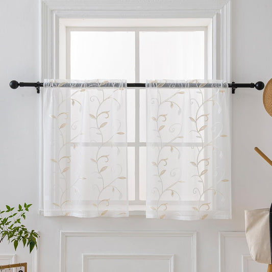 VISIONTEX White Sheer Voile Curtains, Decorative Leaves Embroidery Faux Linen Rod Pocket Window Drapes for Home Kitchen, Living Room and Bedroom 26 x 36 Inch, Set of 2 Curtain Panels