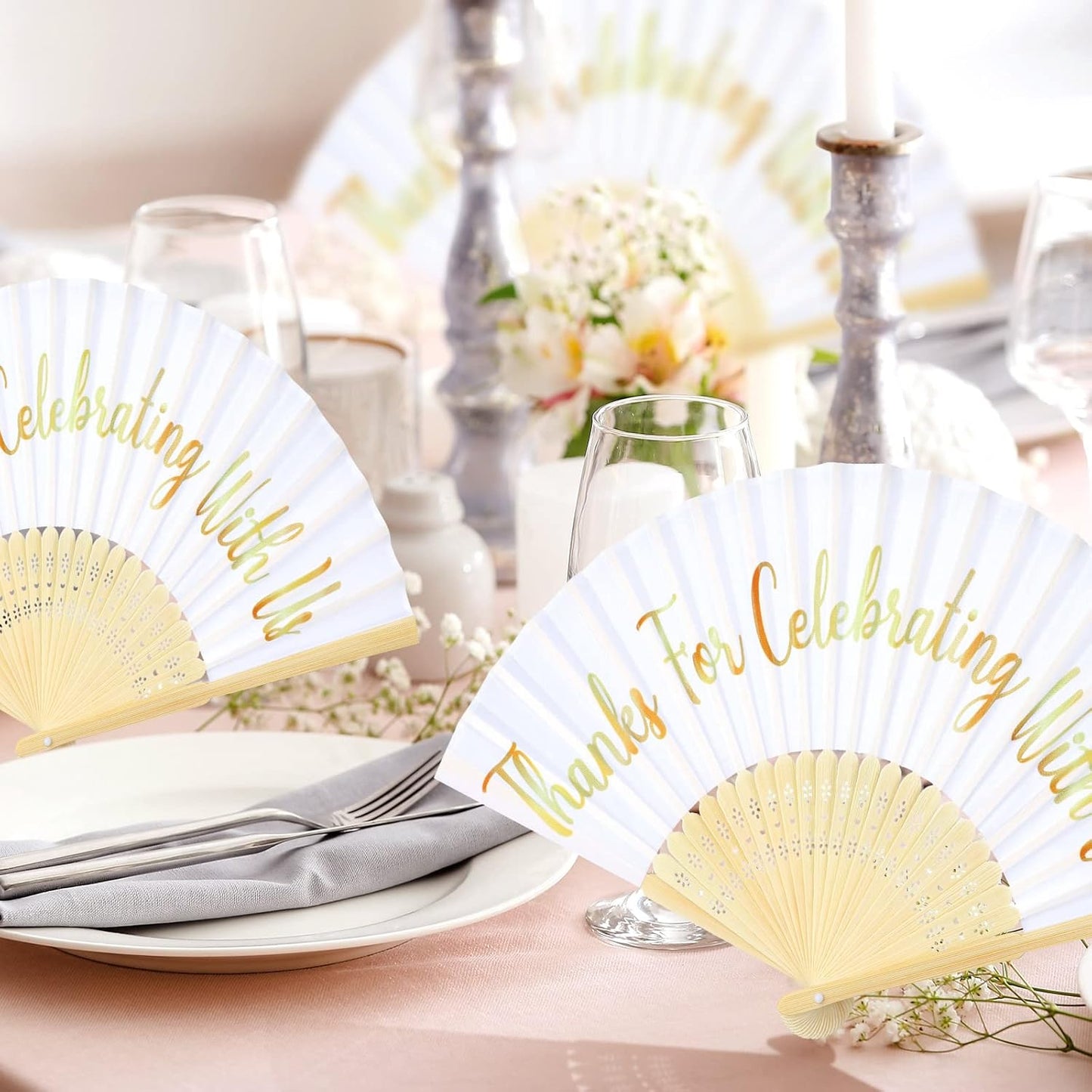 Jetec 50 Pcs Wedding Fans for Guests Bulk Silk Hand Fans Handheld Folded Thank You for Celebrating with Us Wedding Favors for Bridal Bridesmaid Baby Shower Dancing Party Church Gift(White)