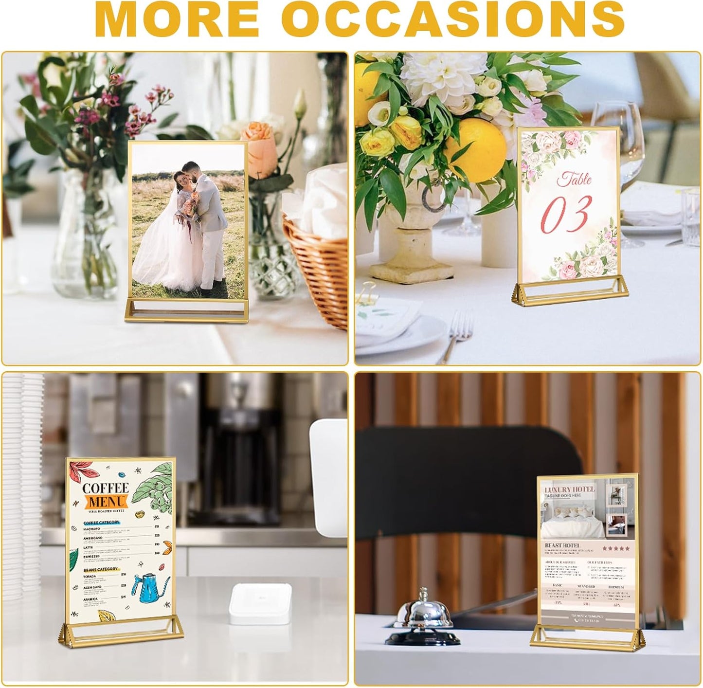 EHWINE 6 Pack Acrylic Sign Holder 4 x 6, Double Sided Gold Picture Frame Stand up Table Top Sign Holders, Clear Display Stand Menu Flyer Holder for Wedding Party