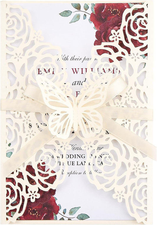 Wedding Invitations Ivory 50 Pack - Butterfly Laser Cut Invitation Sleeves with Blank 250GSM Pearlescent Paper Insert Make Your Own Party Invitations Wedding Quinceanera Bride Shower