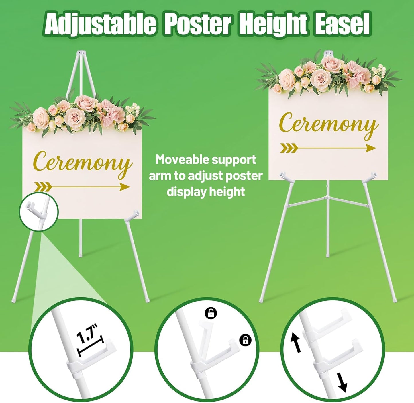 3 Pack White Easel Stand for Sign - 63" Adjustable Folding Floor Easels for Wedding Sign, Welcome Sign, Poster, Picture, Painting - Lightweight Portable Display Easels with Bags, Holds 5 lbs