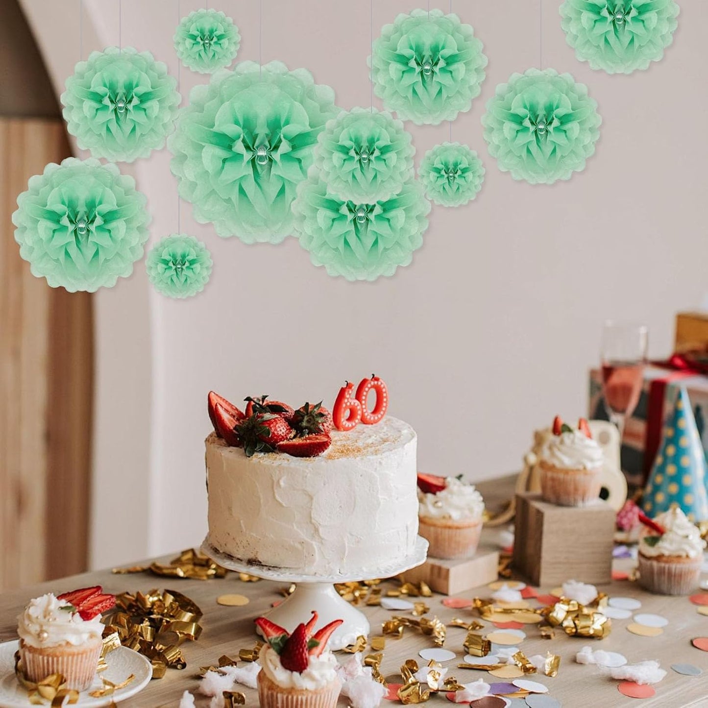 Tissue Paper Pom Poms, Light Green Tissue Paper Flowers, Hanging Flower Balls for Weddings Fiesta Parties Birthday Baby Showers Classroom Bridal Shower Decoration (20Piece Set-6/10/12/14Inch)